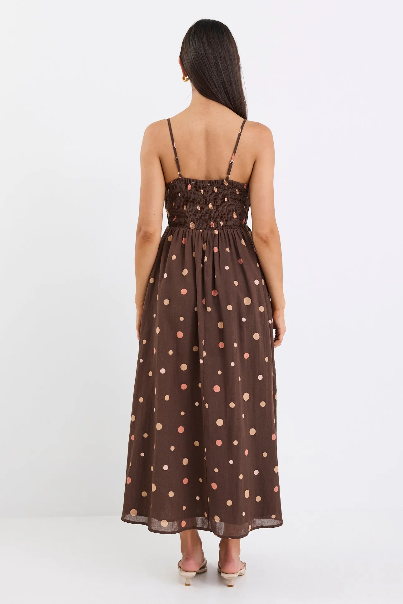 Bali Chocolate Multi Polka Dot Pleated Bodice Strappy Maxi Dress - Image 4