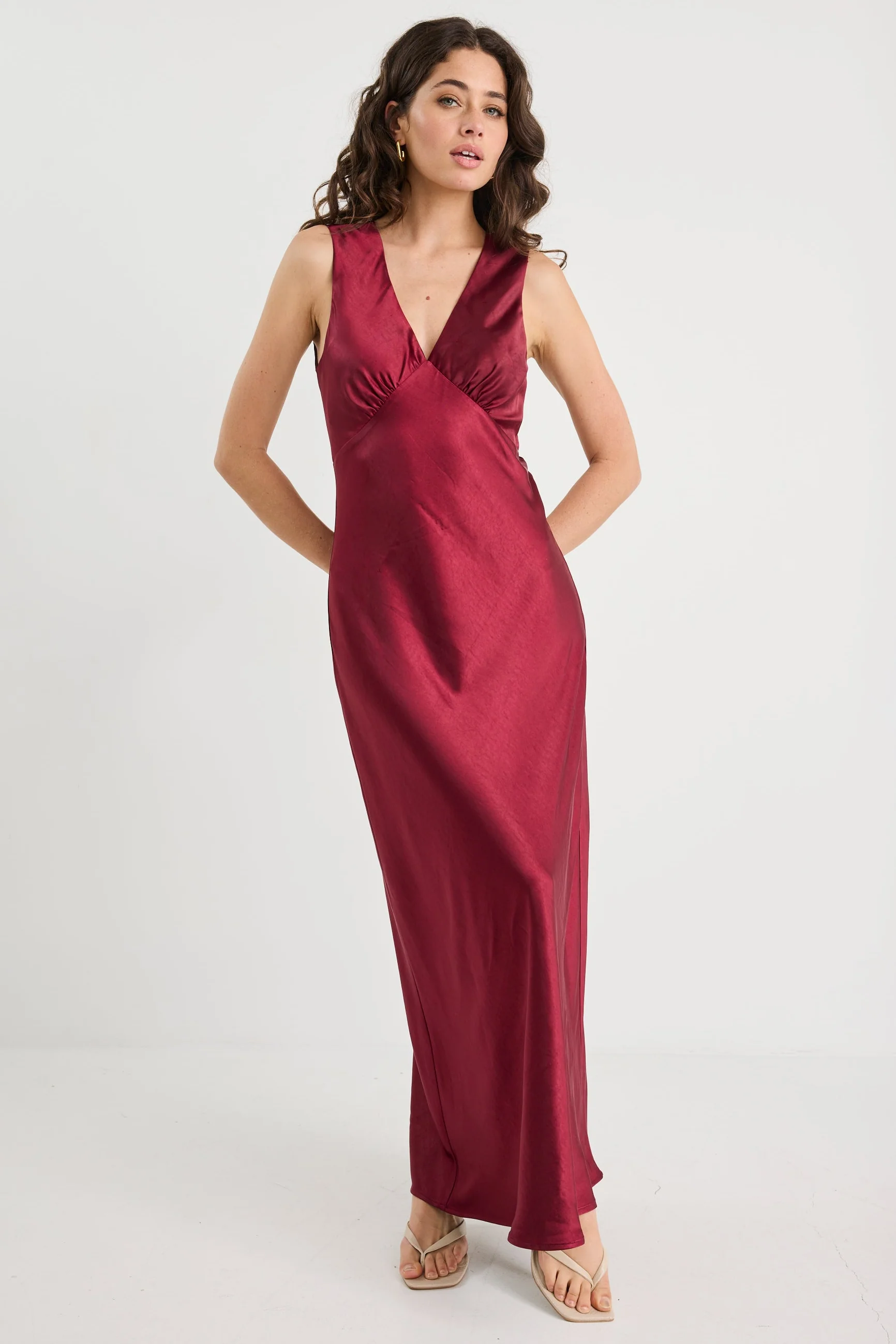 Bastion Burgundy Satin V Neck Tie Back Maxi Dress - Image 3