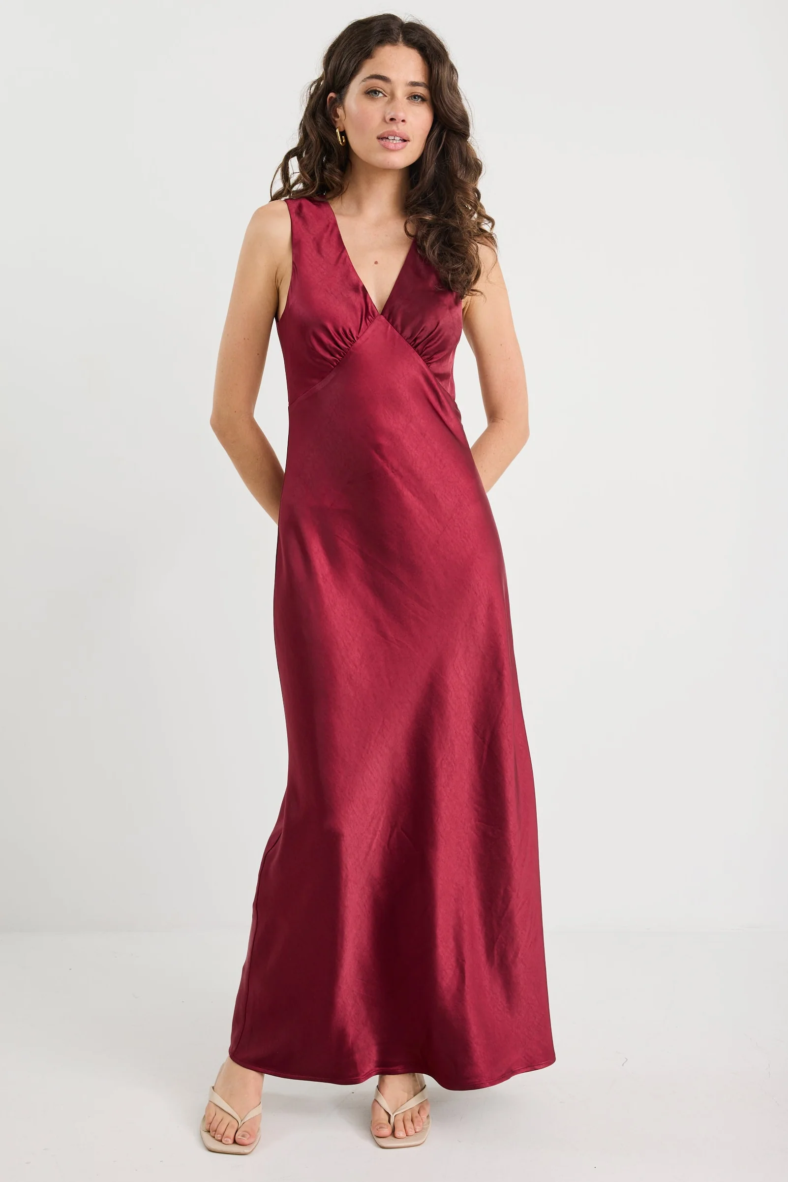 Bastion Burgundy Satin V Neck Tie Back Maxi Dress - Image 4