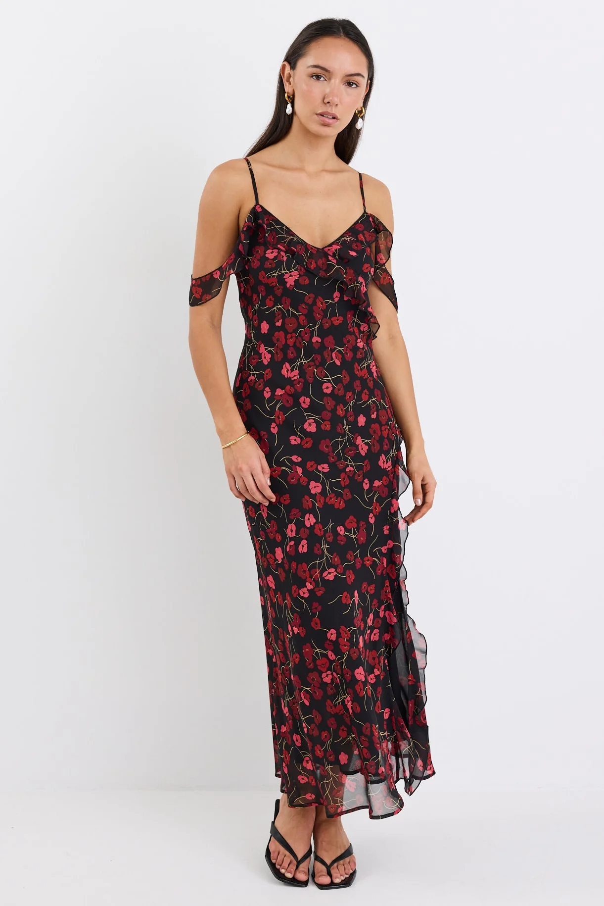 Belfast Black Poppy Print Georgette Bias Ruffle Slip Maxi Dress - Image 2