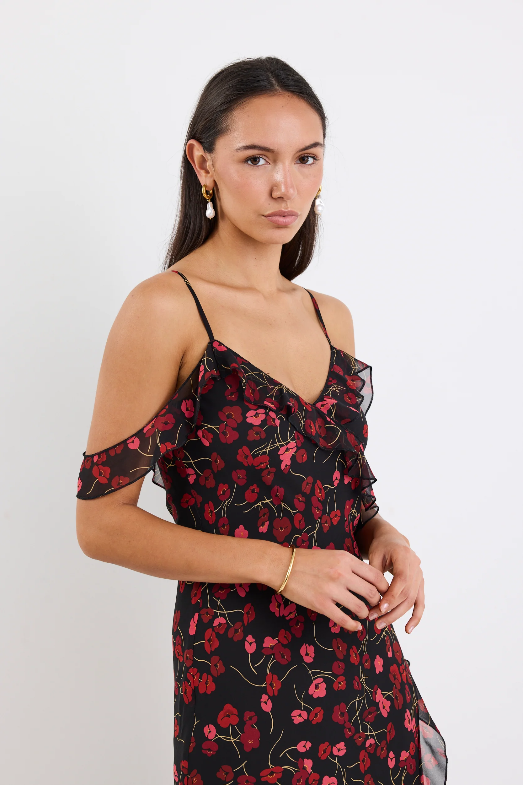 Belfast Black Poppy Print Georgette Bias Ruffle Slip Maxi Dress - Image 3