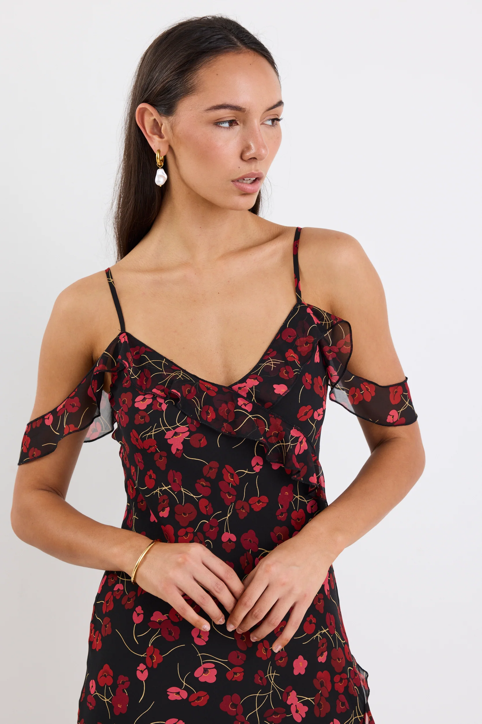 Belfast Black Poppy Print Georgette Bias Ruffle Slip Maxi Dress - Image 4