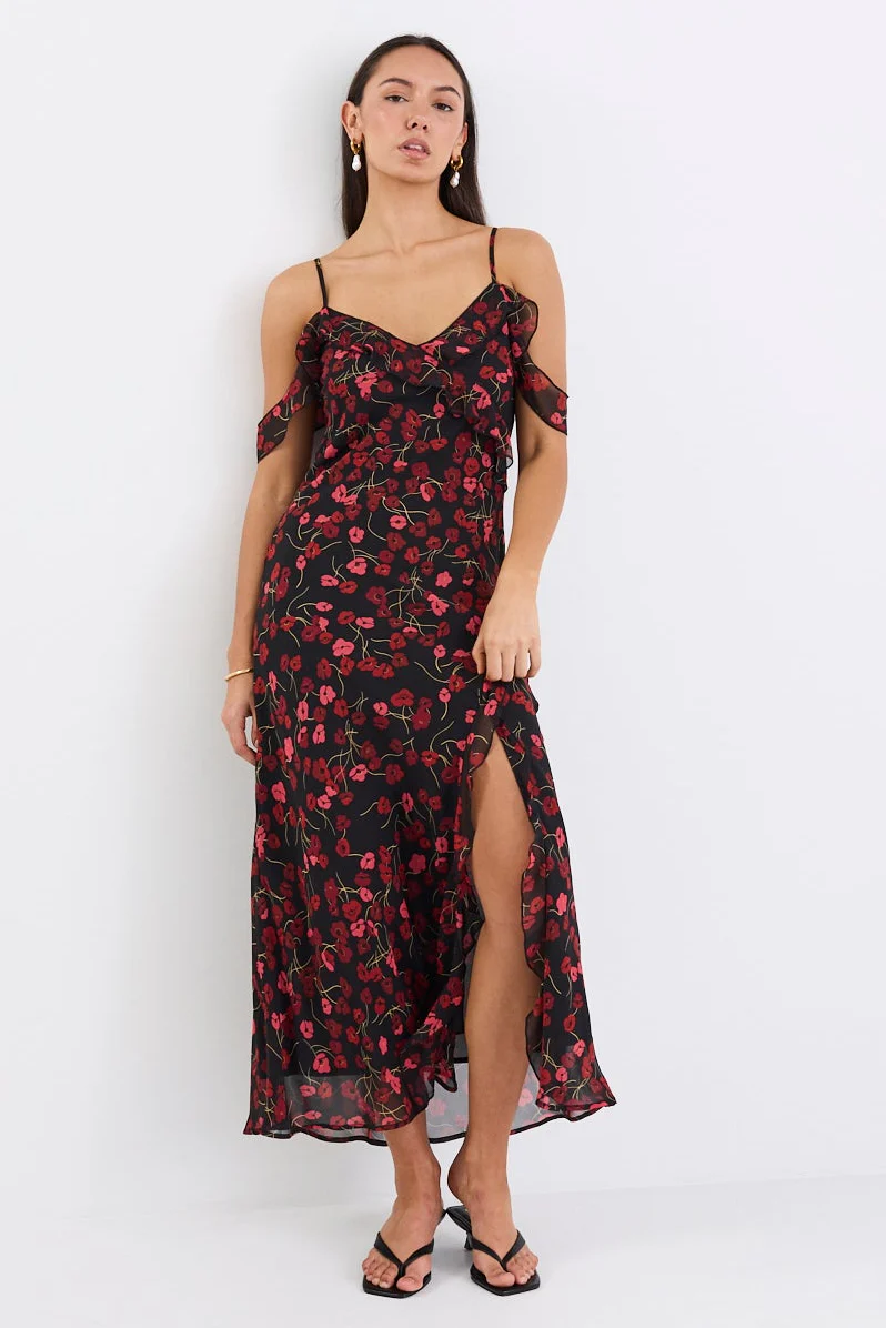 Belfast Black Poppy Print Georgette Bias Ruffle Slip Maxi Dress - Image 5