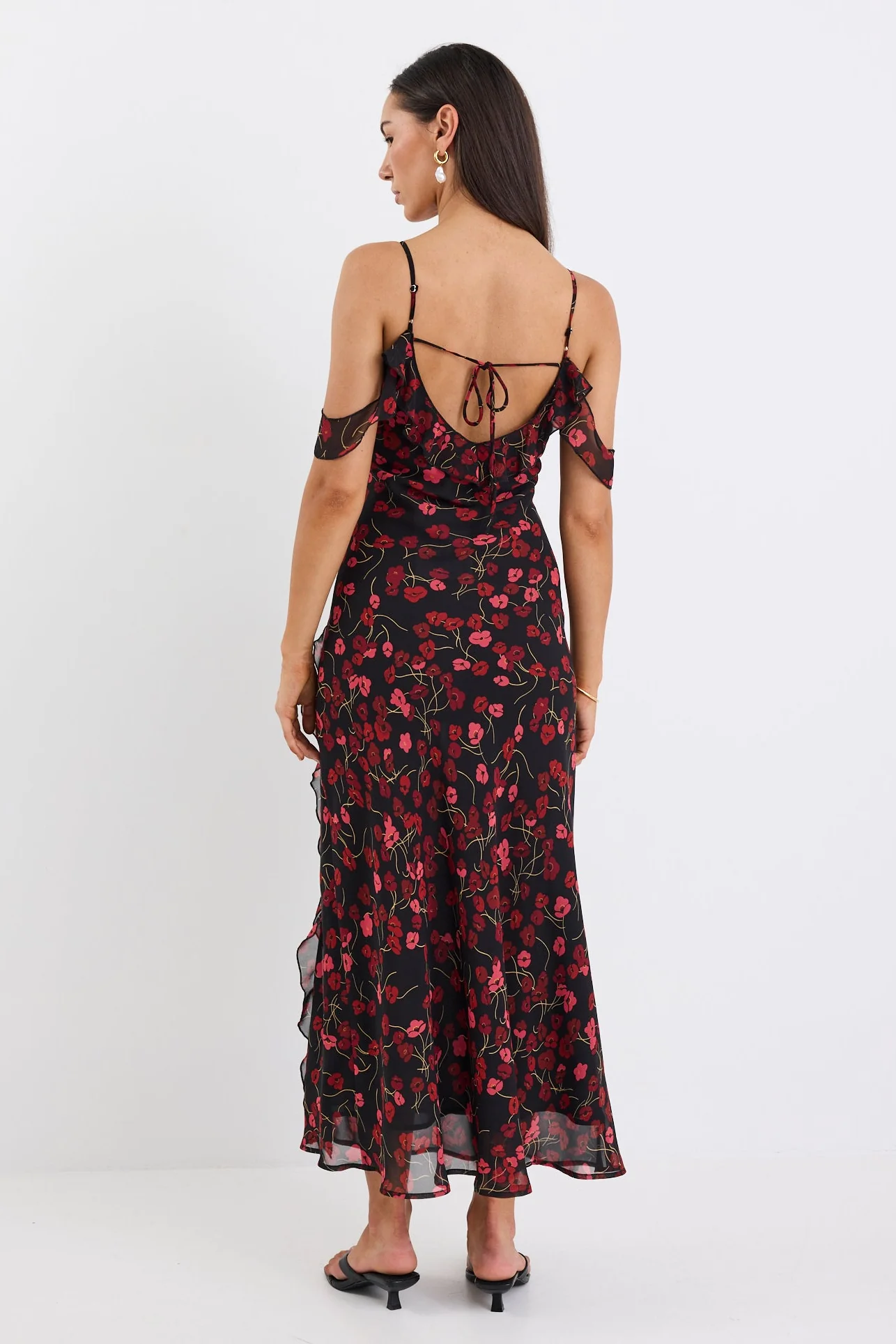 Belfast Black Poppy Print Georgette Bias Ruffle Slip Maxi Dress - Image 6