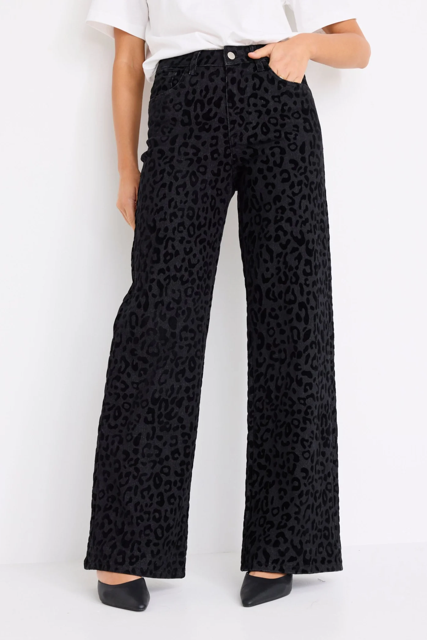 Belmont Black Animal Mid Rise Wide Leg Jean - Image 2