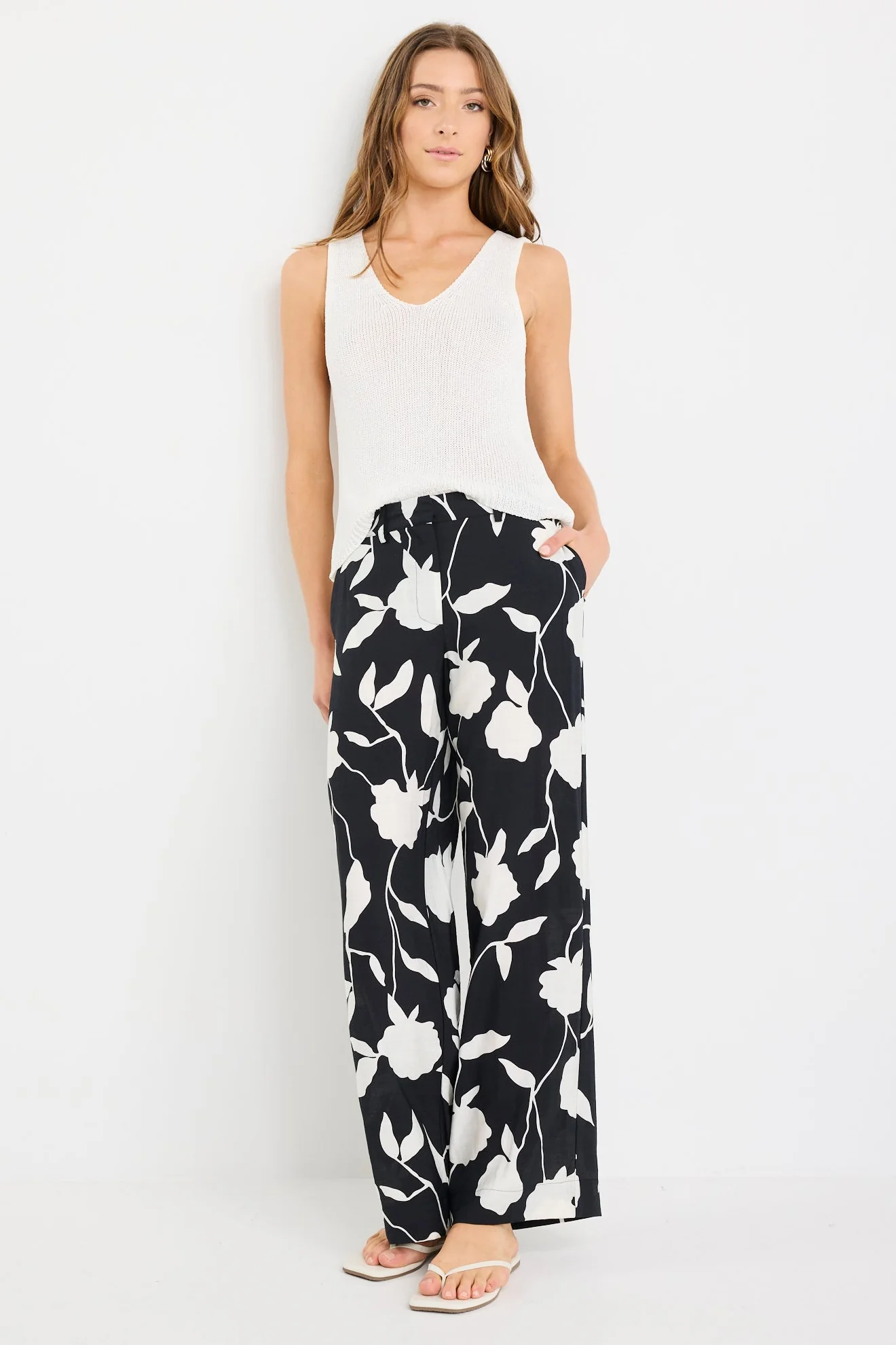 Beneficial Black and White Floral Flat Front Elastic Back Pants - Image 2