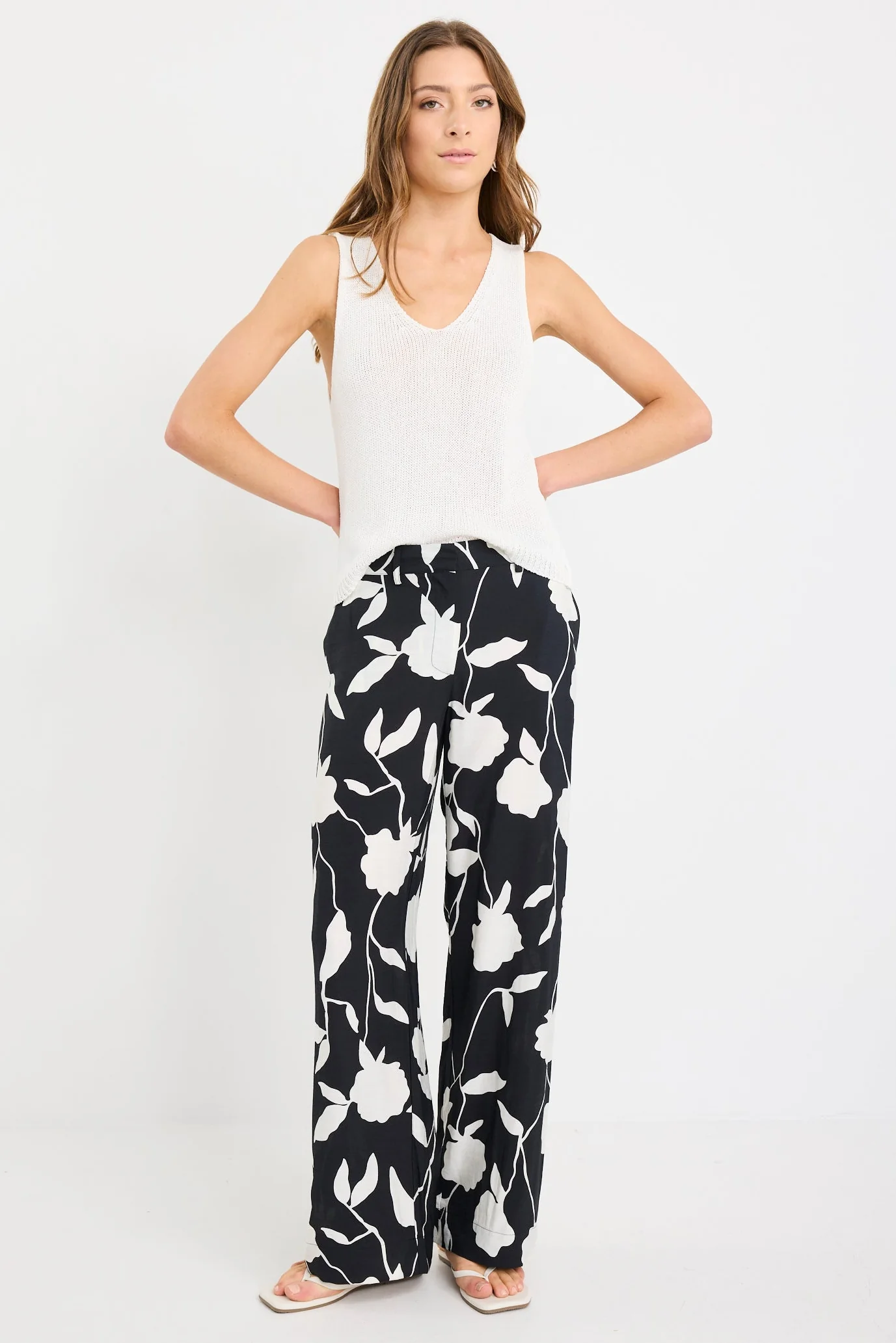 Beneficial Black and White Floral Flat Front Elastic Back Pants - Image 3