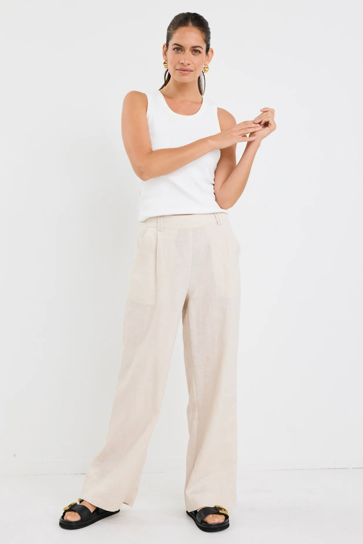 Bestow Pumice Linen Elastic Back Wide Leg Pants - Image 3