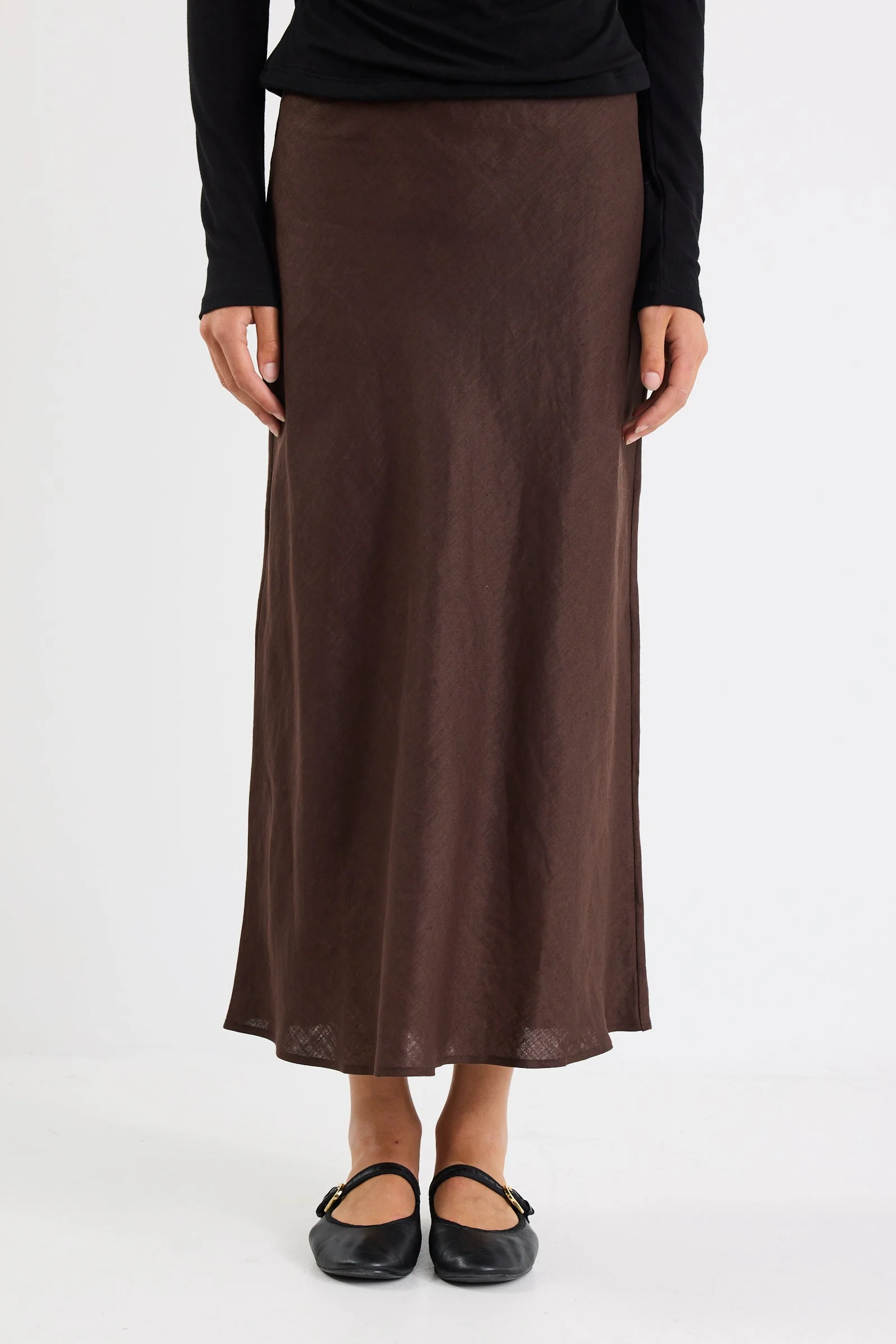 Bliss Dark Chocolate Linen Bias Midi Skirt - Image 3