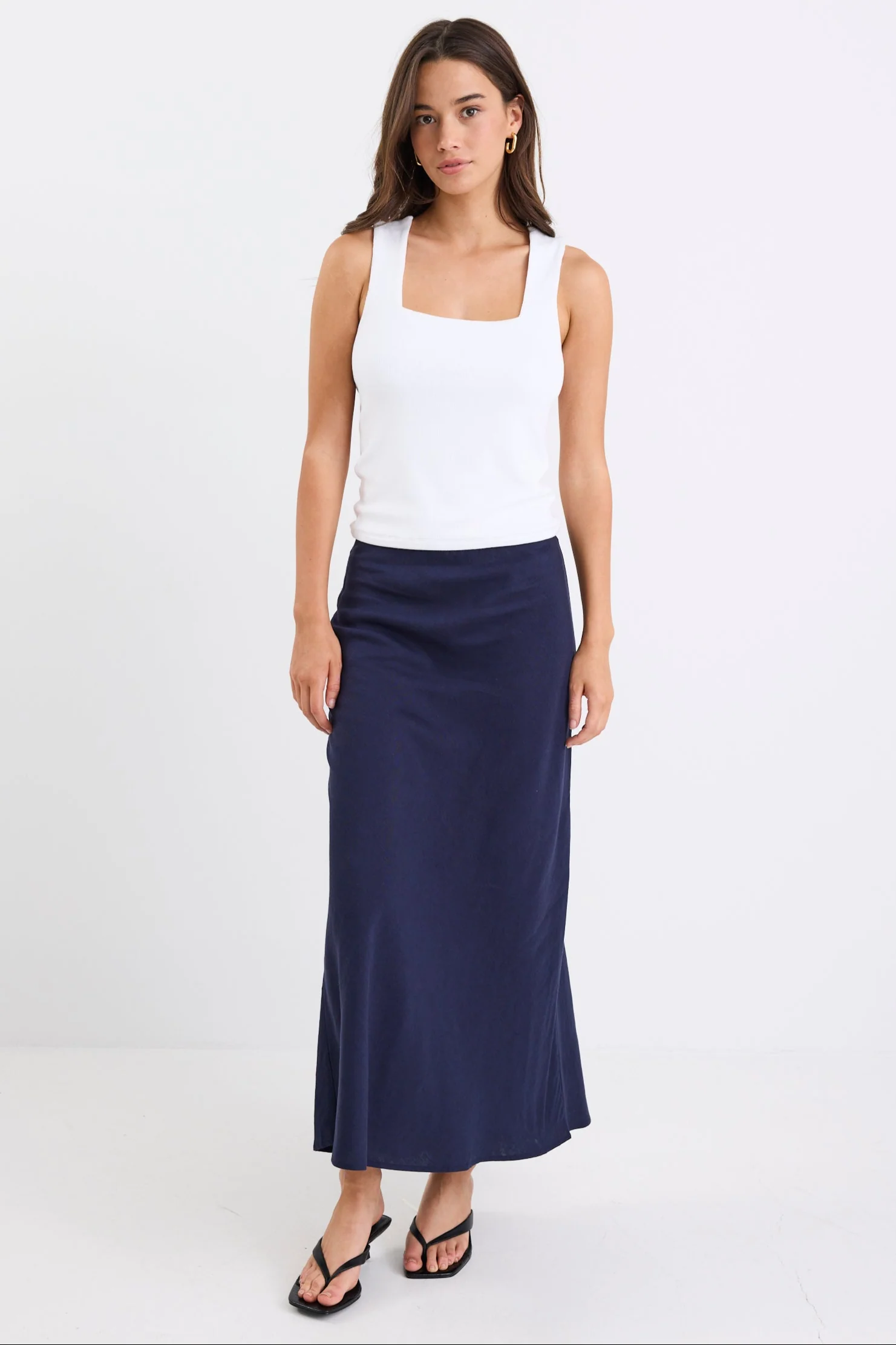 Bliss Navy Linen Bias Midi Skirt - Image 3