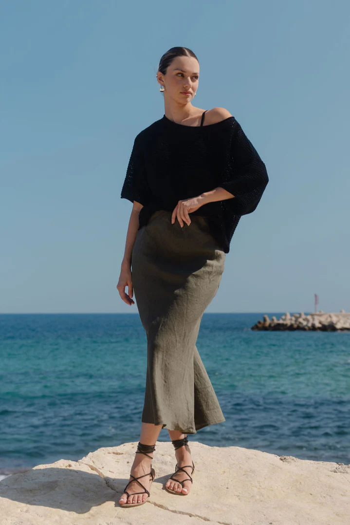 Bliss Khaki Linen Bias Midi Skirt - Image 3