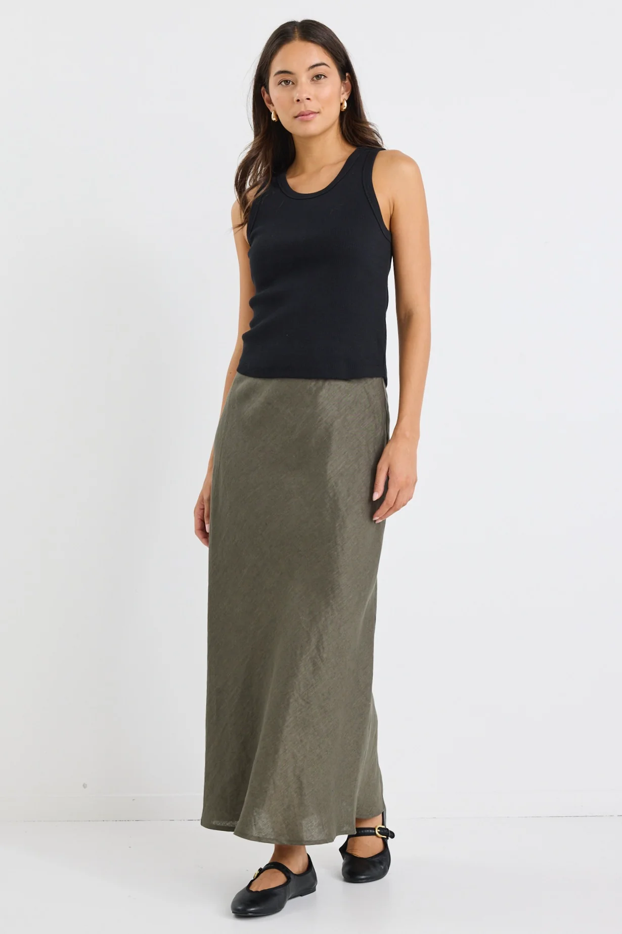 Bliss Khaki Linen Bias Midi Skirt - Image 4