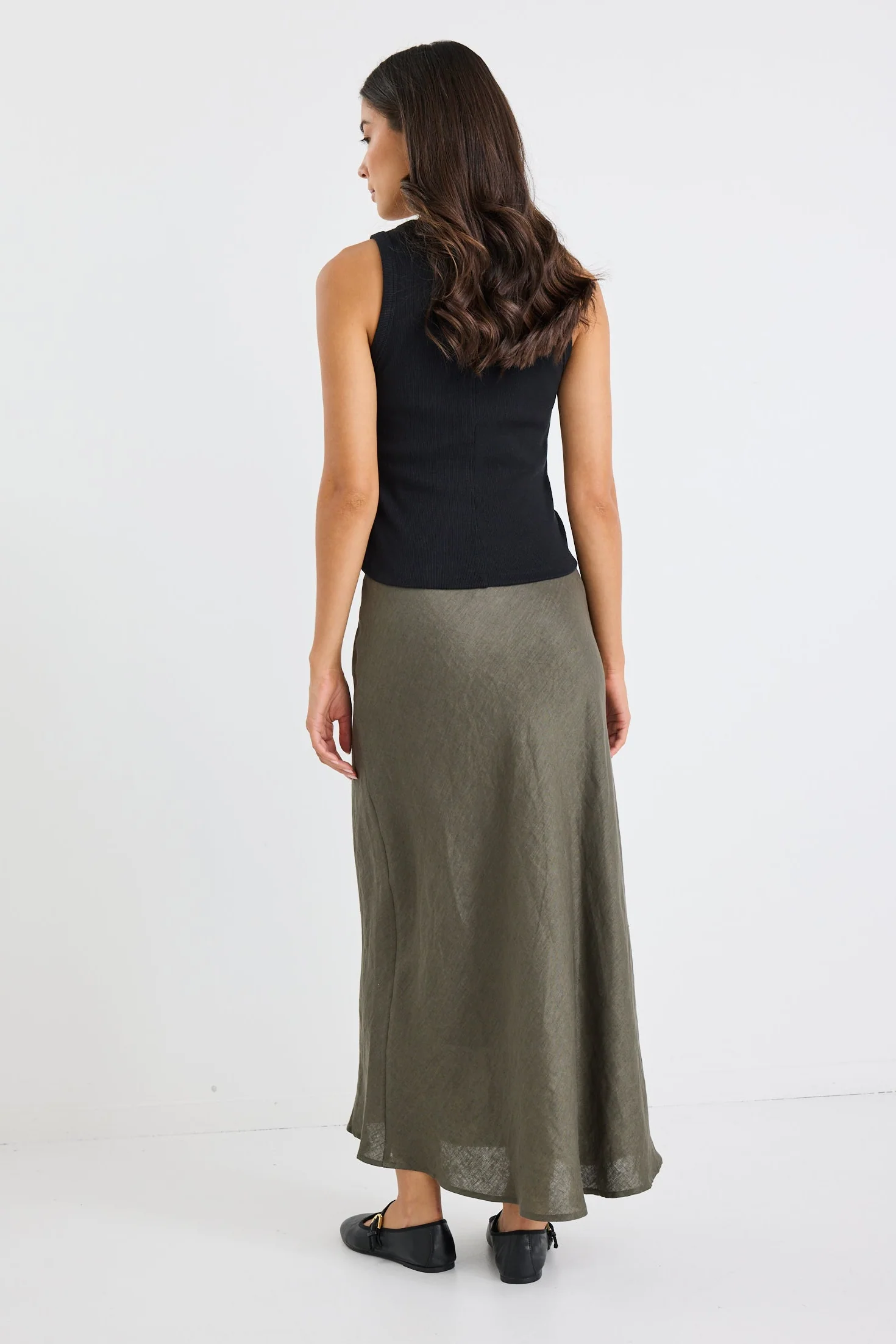 Bliss Khaki Linen Bias Midi Skirt - Image 5