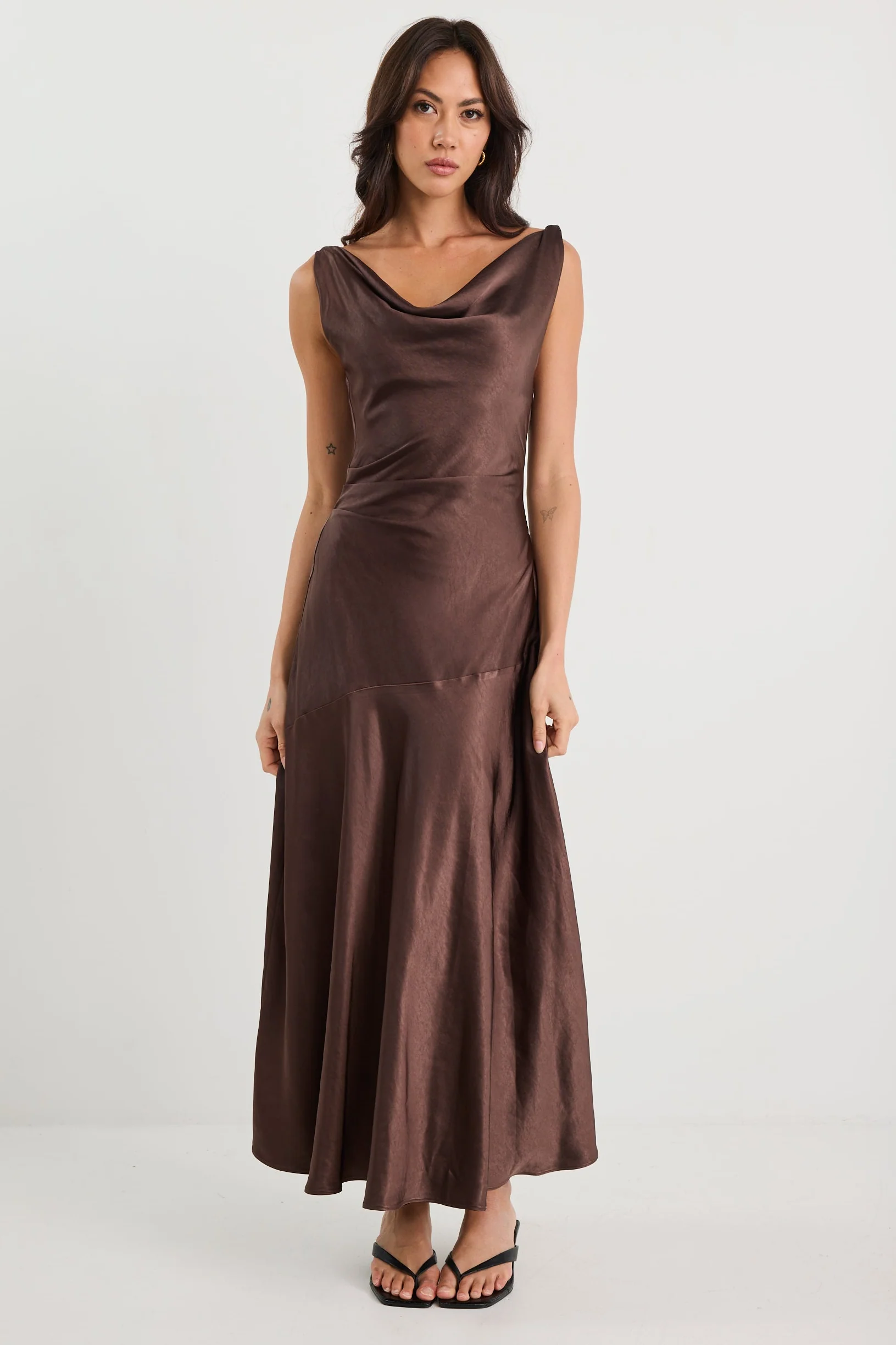 Bountiful Chocolate Satin Tie Back Bias Slip Dress - Image 2
