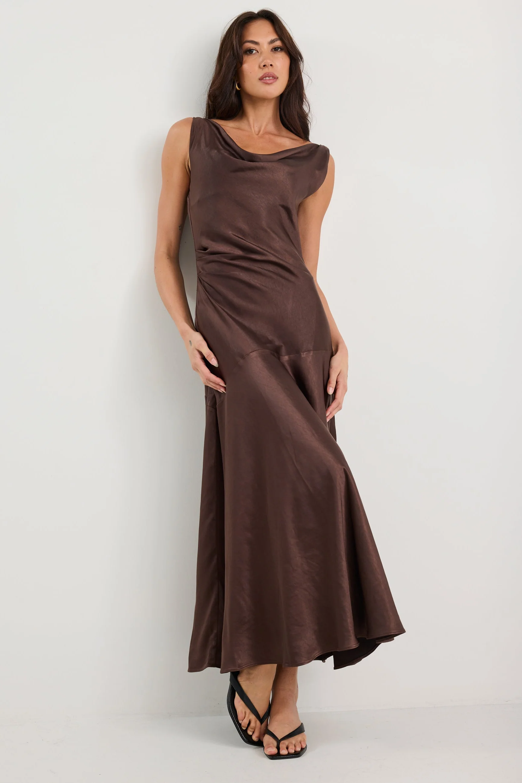 Bountiful Chocolate Satin Tie Back Bias Slip Dress - Image 3