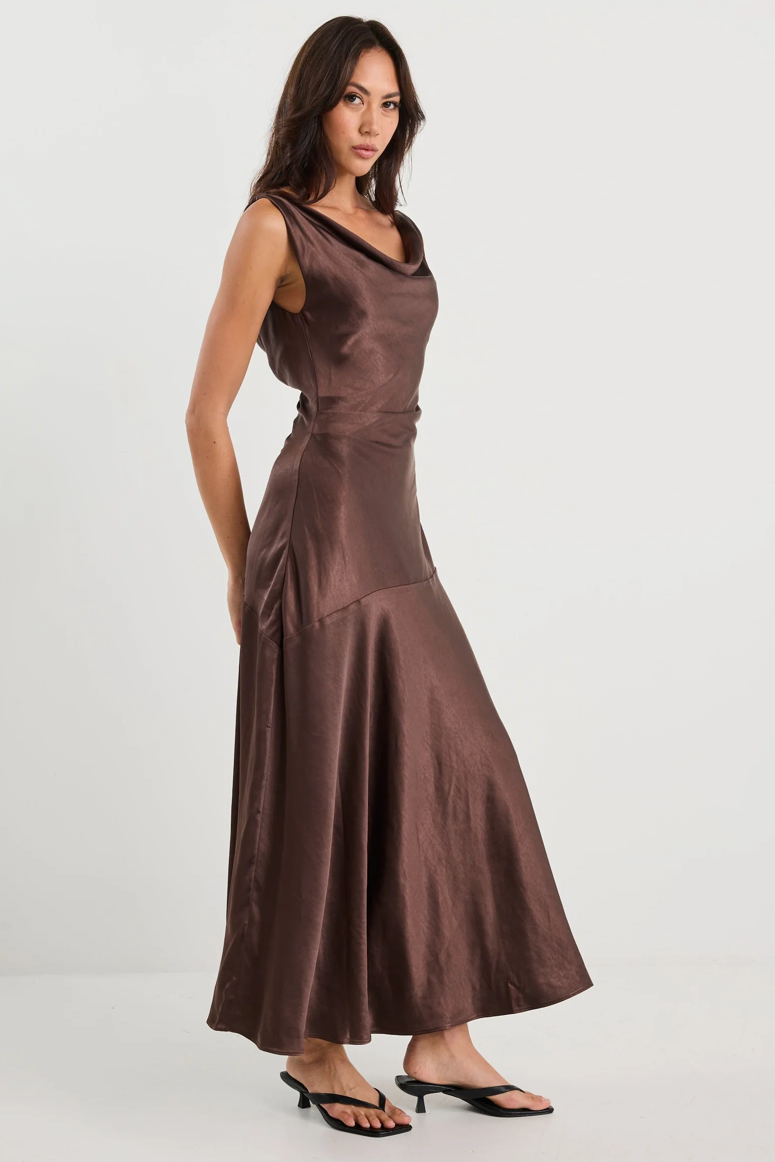 Bountiful Chocolate Satin Tie Back Bias Slip Dress - Image 5