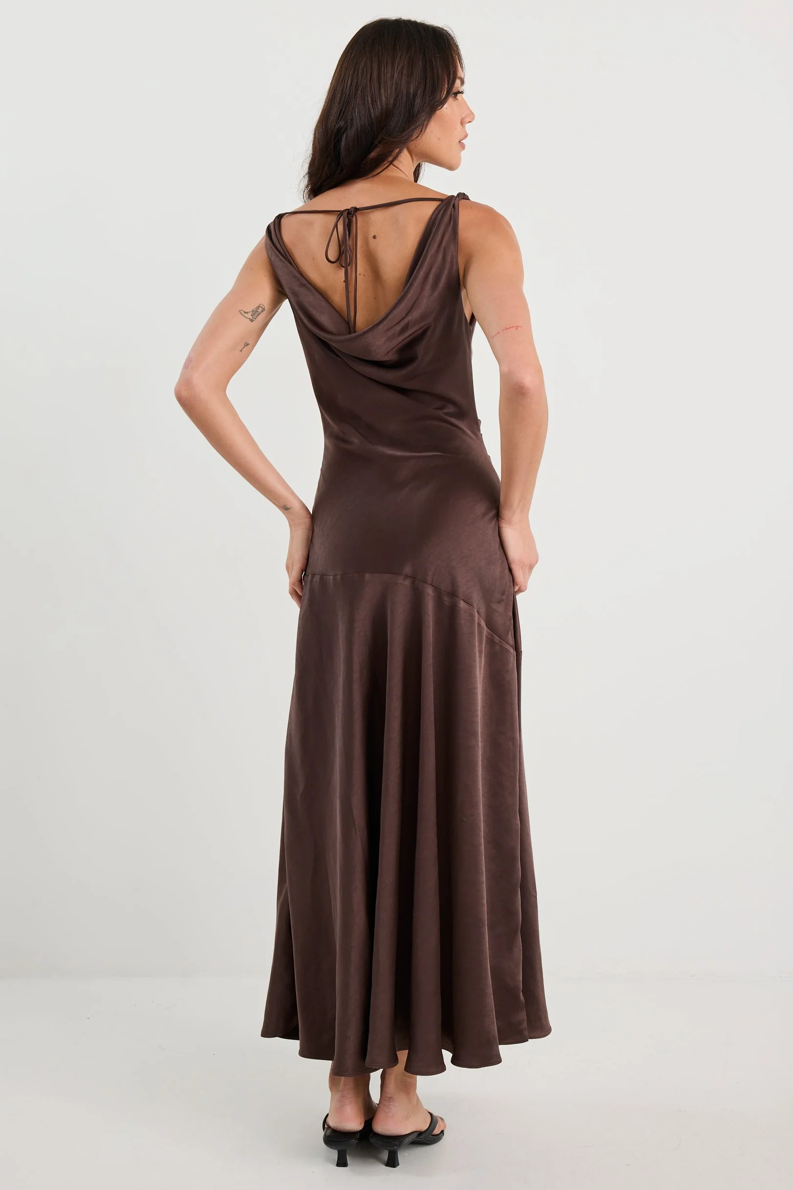 Bountiful Chocolate Satin Tie Back Bias Slip Dress - Image 6