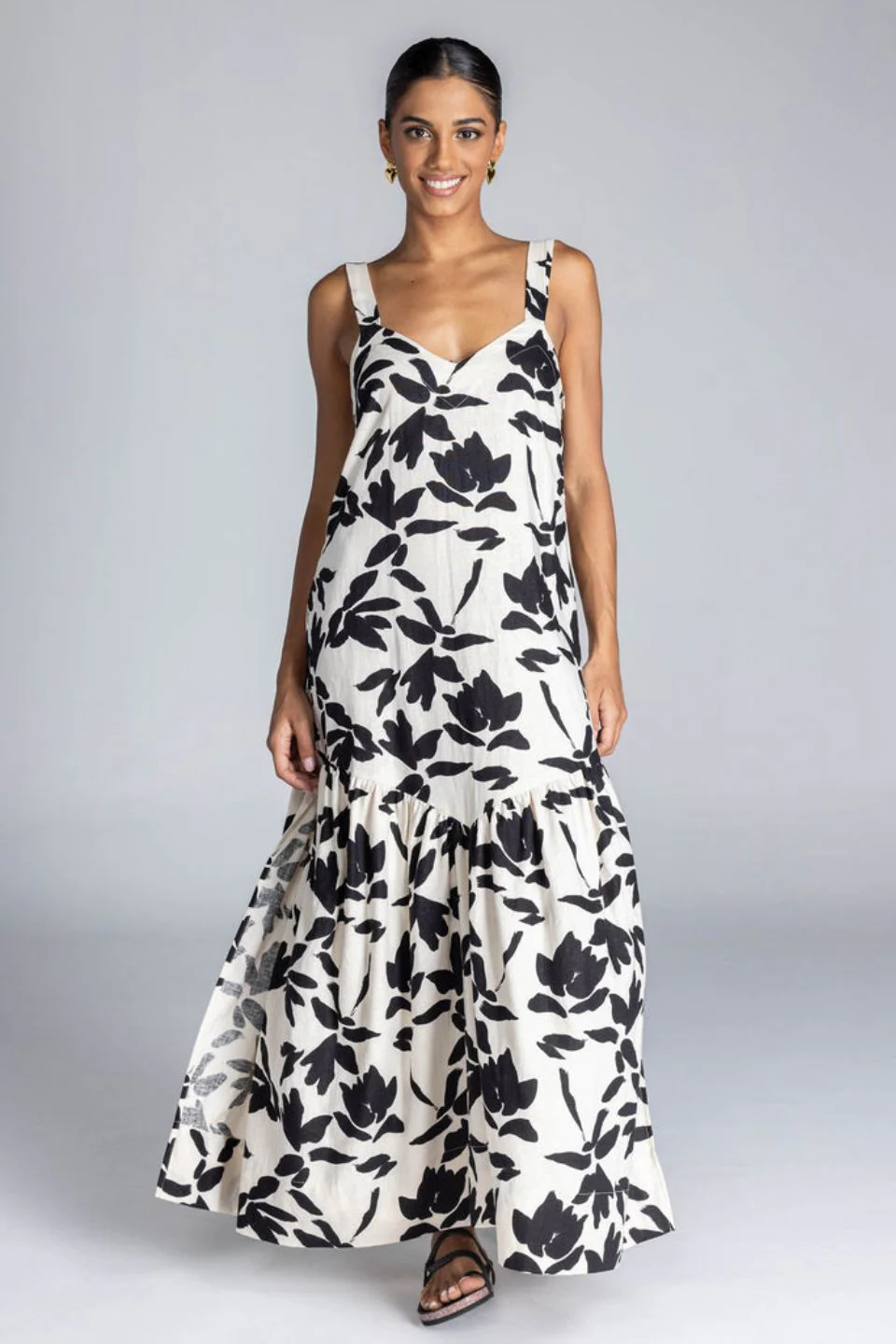 Break Your Heart Ivory Black Floral Cotton Linen Strappy Maxi Dress
