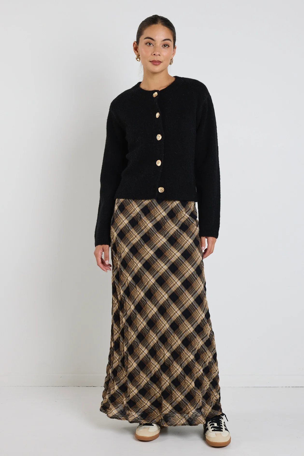 Breathe Caramel Check Bias Maxi Skirt - Image 3