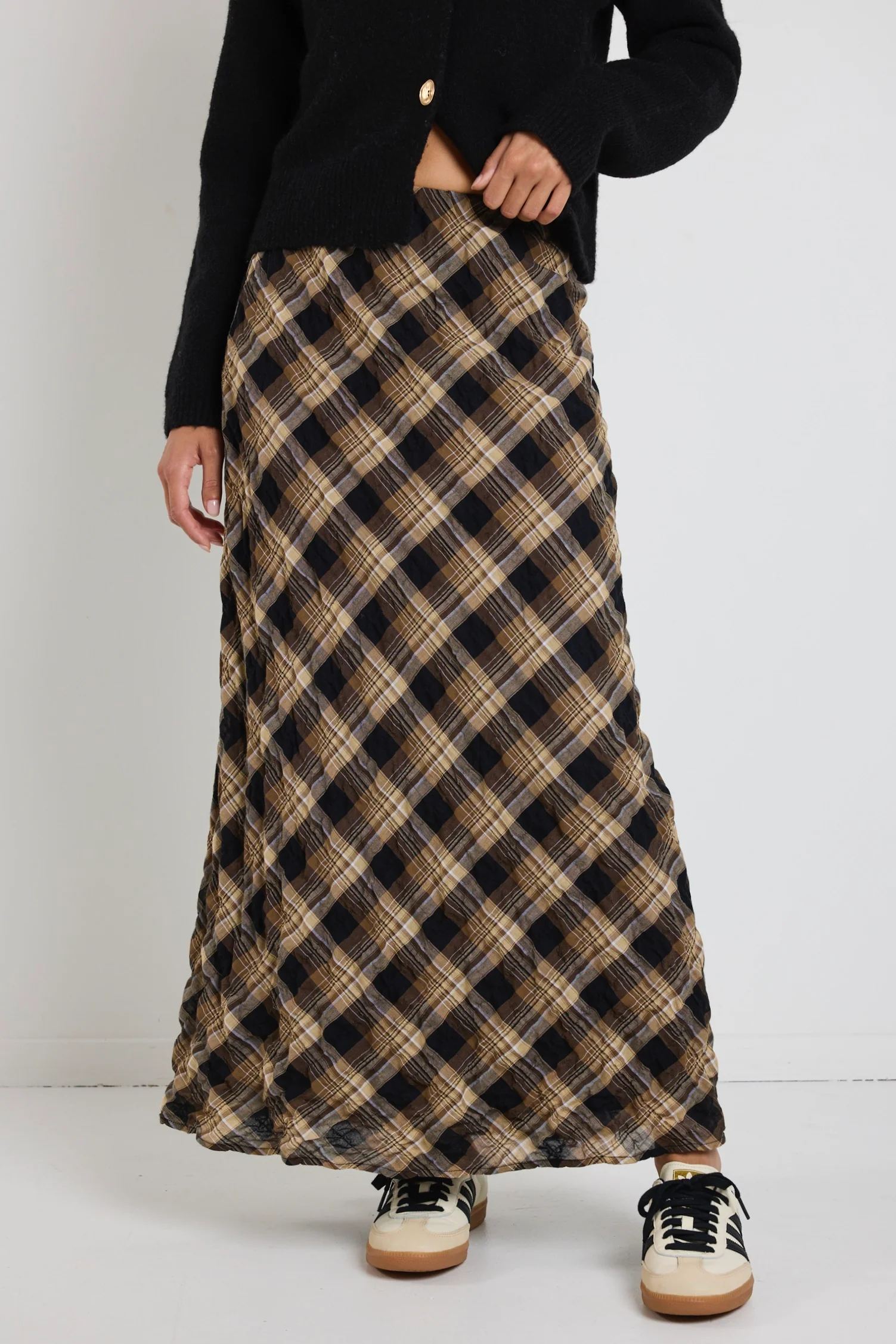 Breathe Caramel Check Bias Maxi Skirt - Image 4