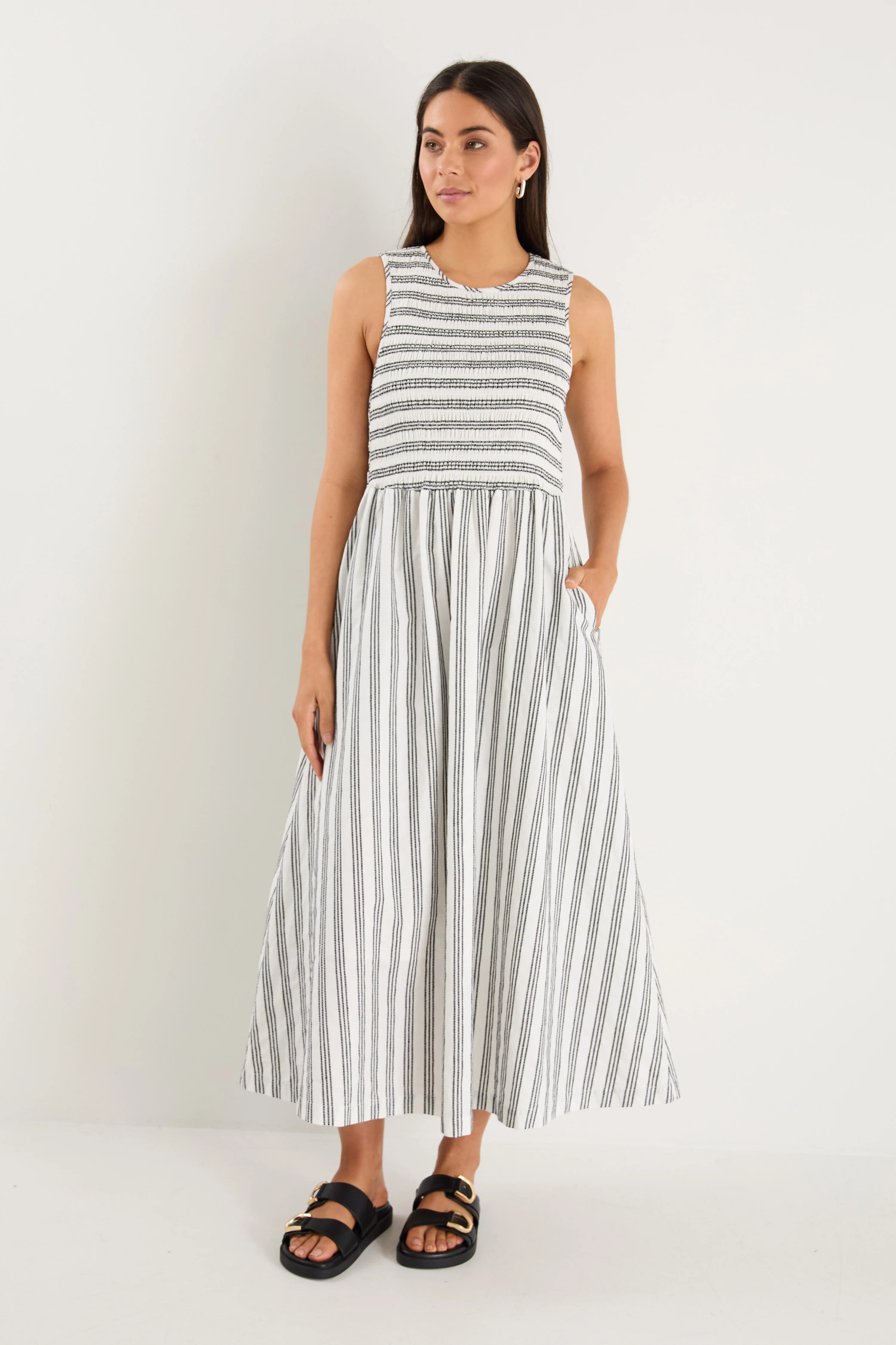 Bryar Ivory Black Stripe Cotton Sleeveless Shirred Bodice Midi Dress - Image 2