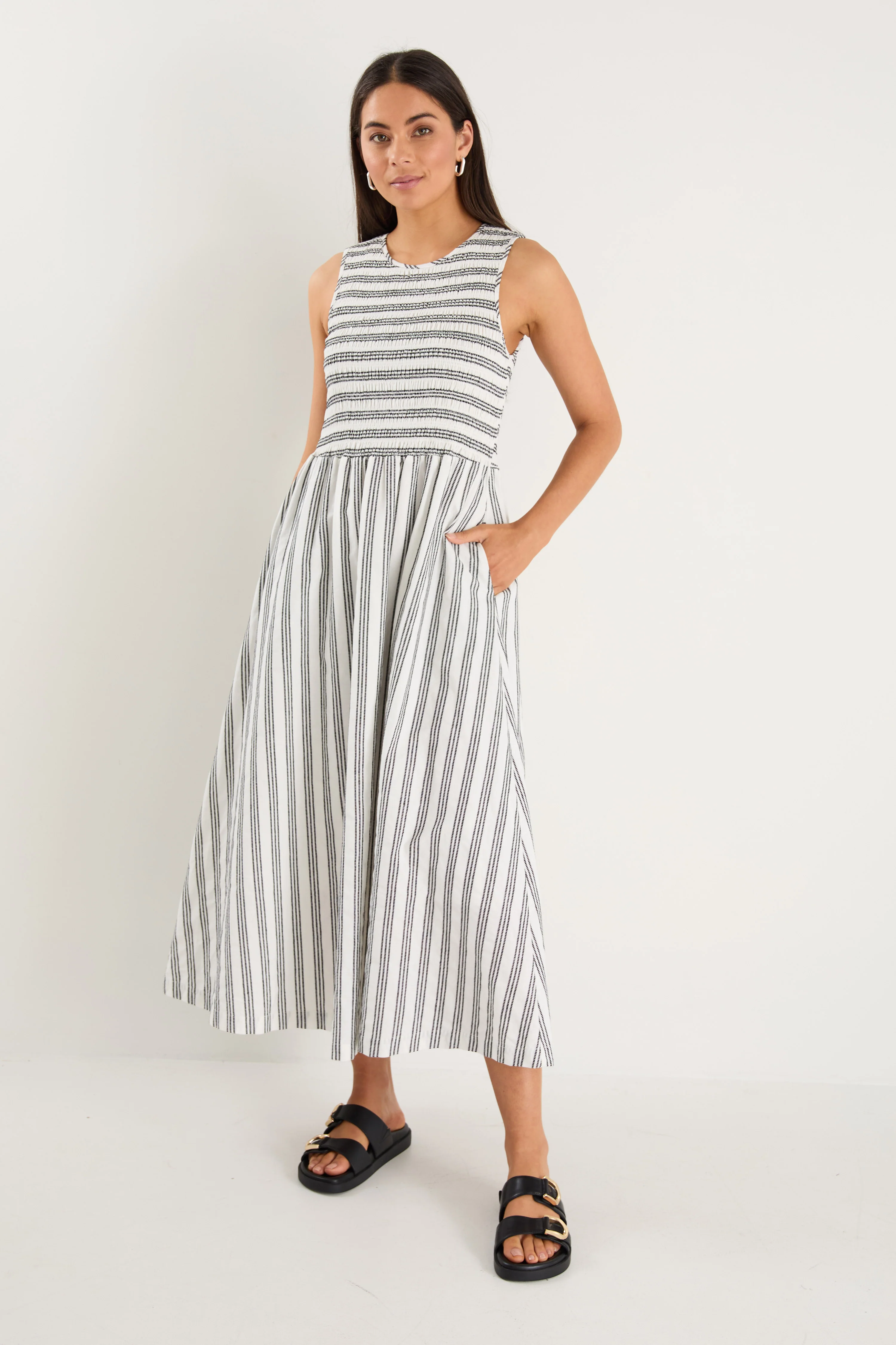 Bryar Ivory Black Stripe Cotton Sleeveless Shirred Bodice Midi Dress - Image 3