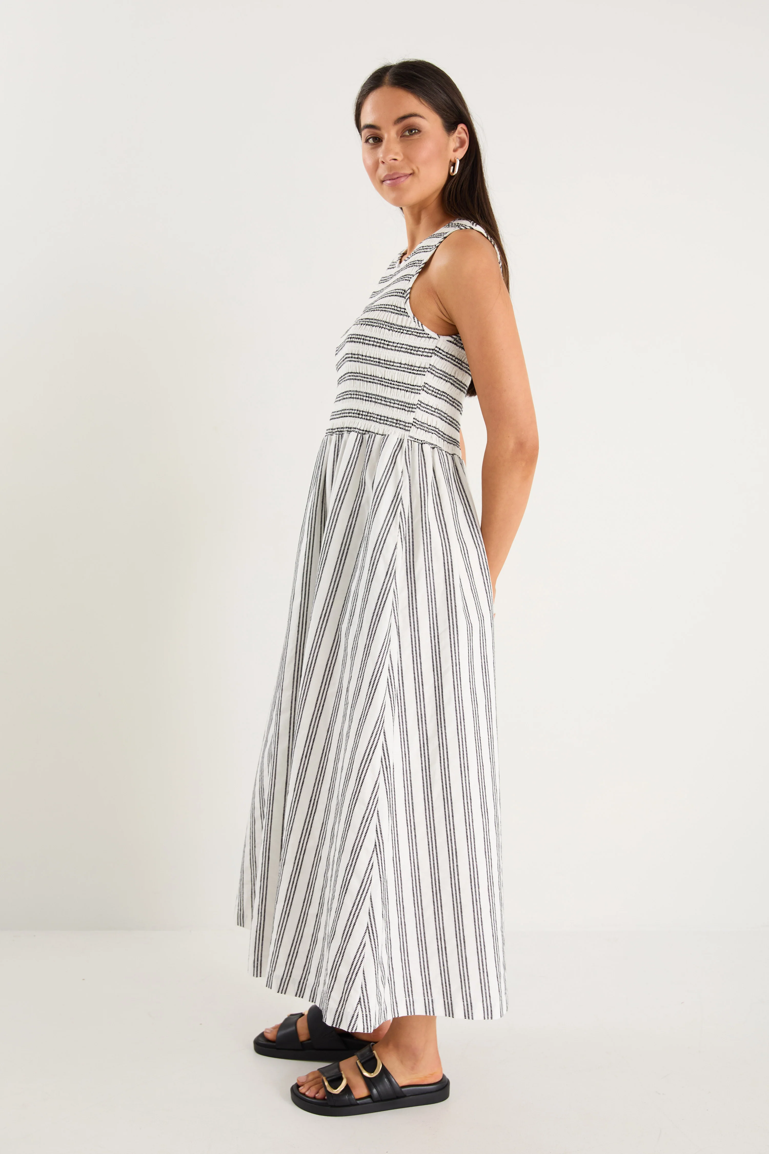 Bryar Ivory Black Stripe Cotton Sleeveless Shirred Bodice Midi Dress - Image 6