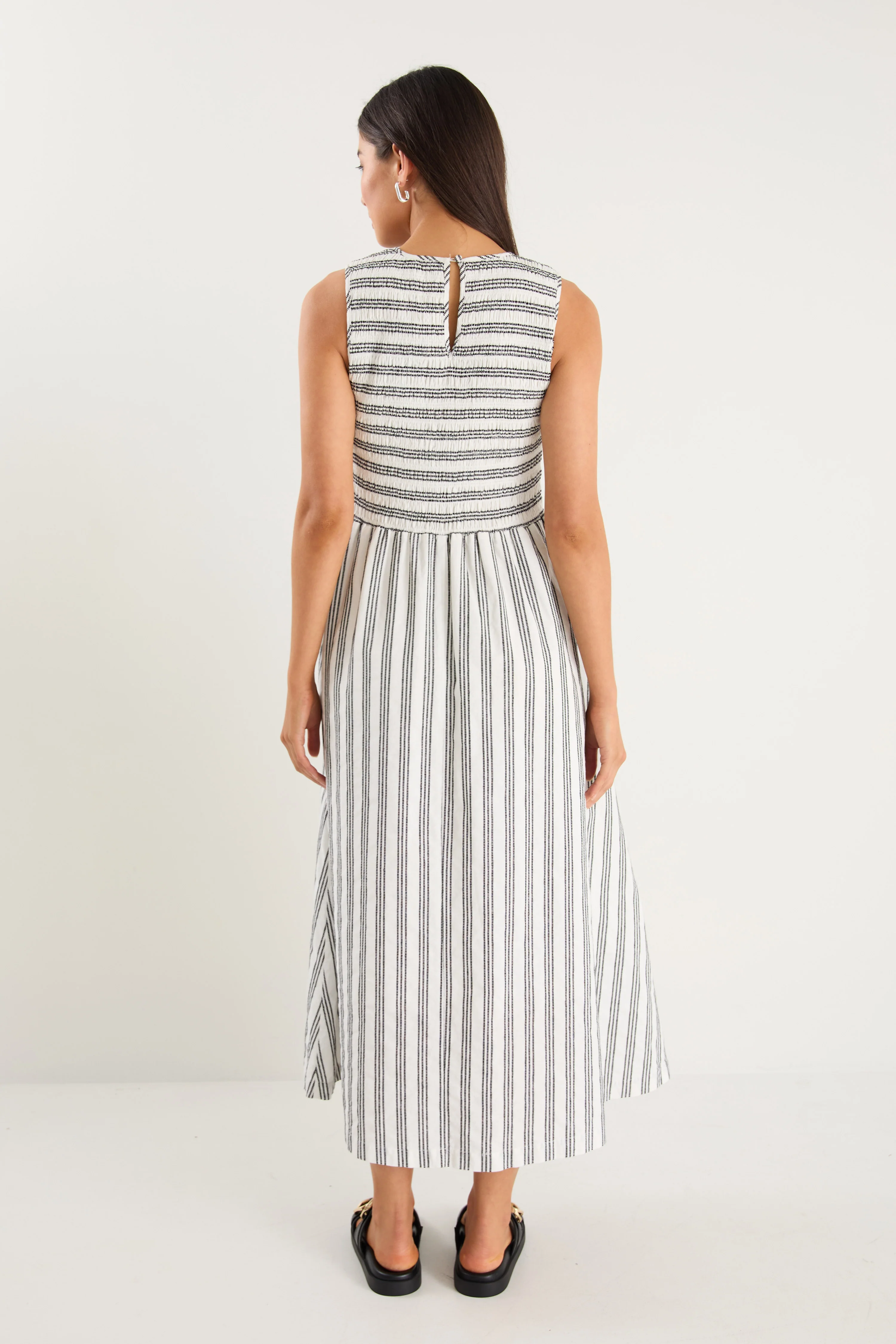 Bryar Ivory Black Stripe Cotton Sleeveless Shirred Bodice Midi Dress - Image 7