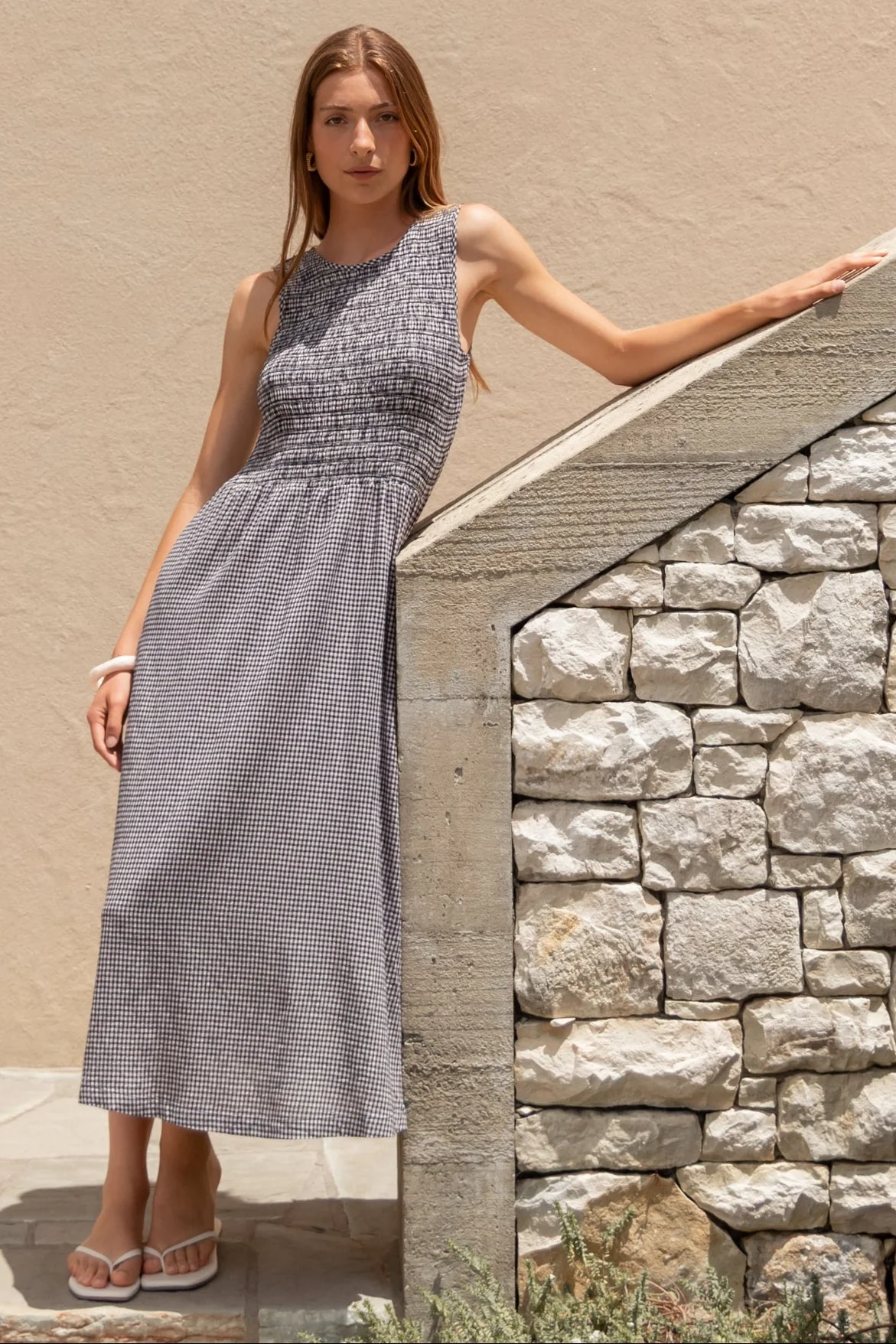 Bryar Navy Mini Gingham Sleeveless Shirred Bodice Midi Dress