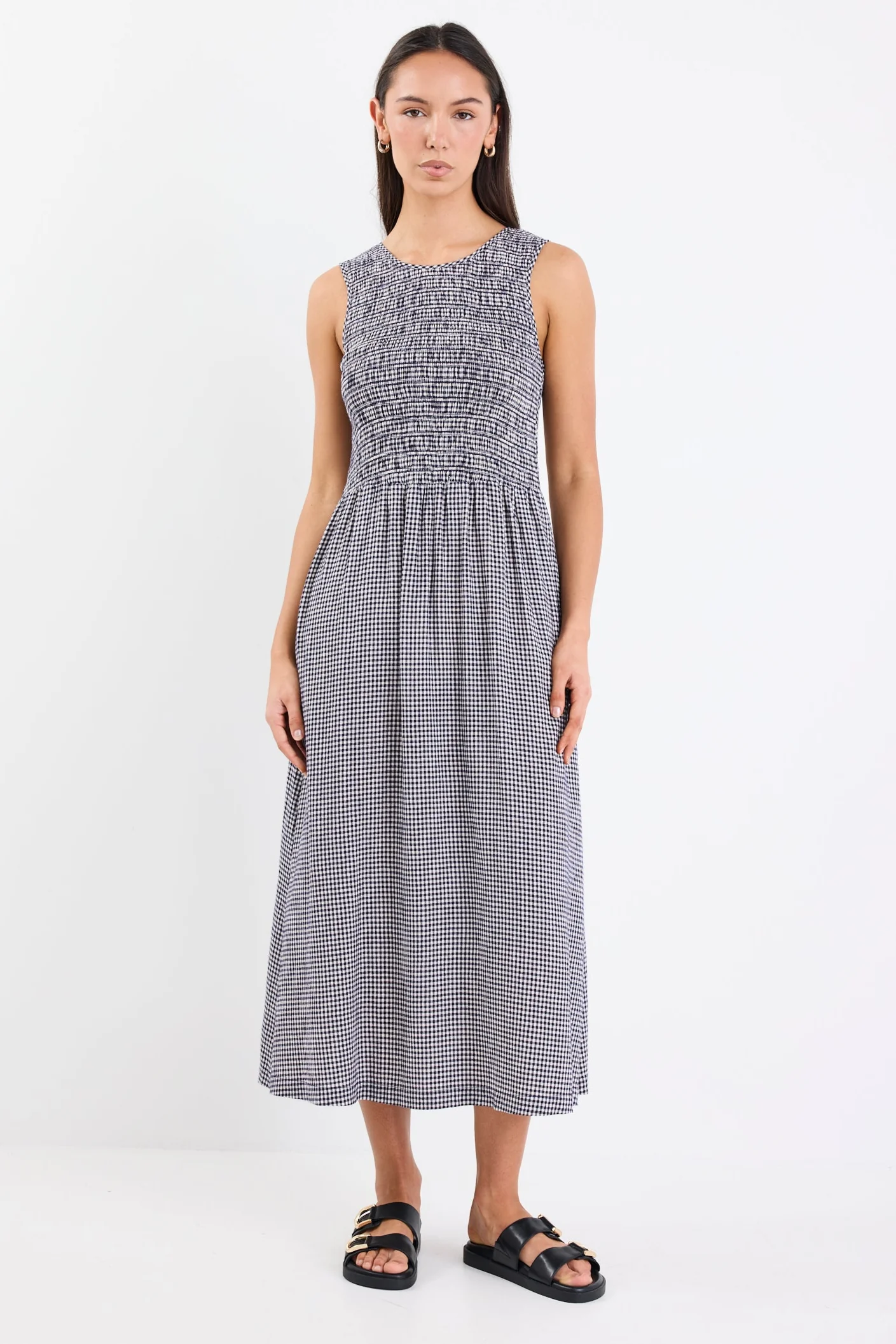 Bryar Navy Mini Gingham Sleeveless Shirred Bodice Midi Dress - Image 2