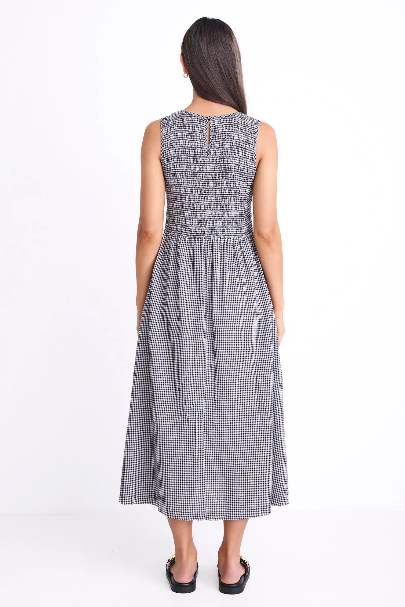 Bryar Navy Mini Gingham Sleeveless Shirred Bodice Midi Dress - Image 6