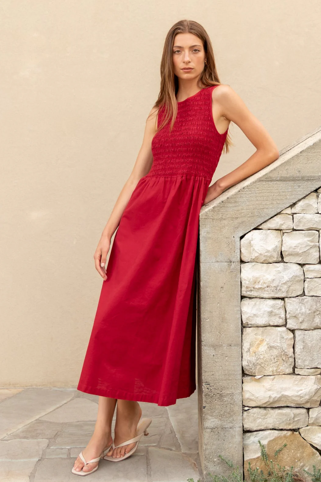 Bryar Plum Linen Blend Sleeveless Shirred Bodice Midi Dress