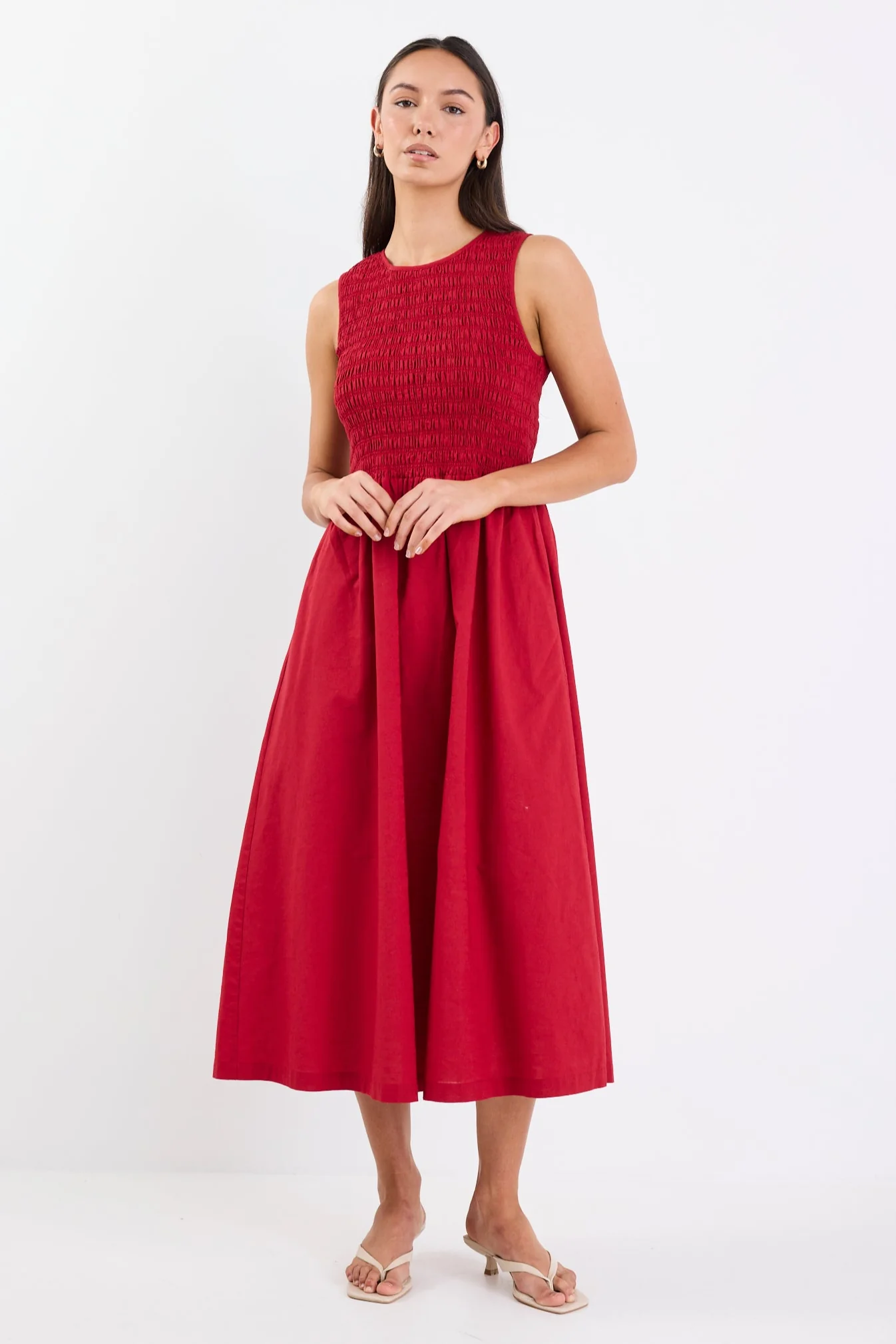 Bryar Plum Linen Blend Sleeveless Shirred Bodice Midi Dress - Image 5
