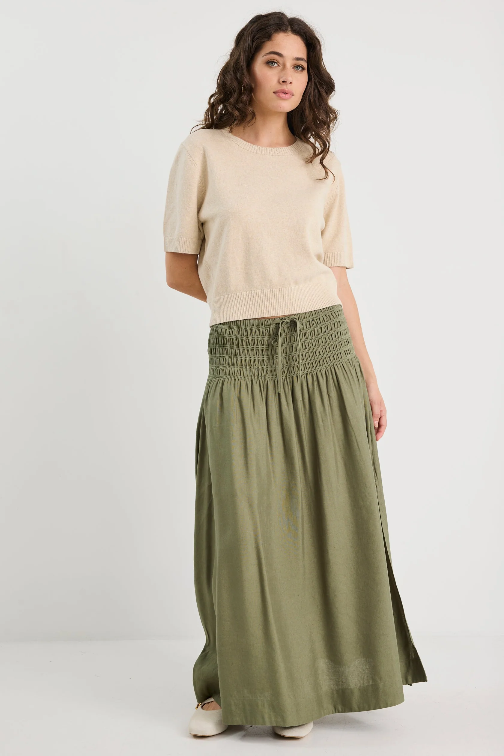 Byron Olive Linen Shirred Waist Maxi Skirt - Image 2