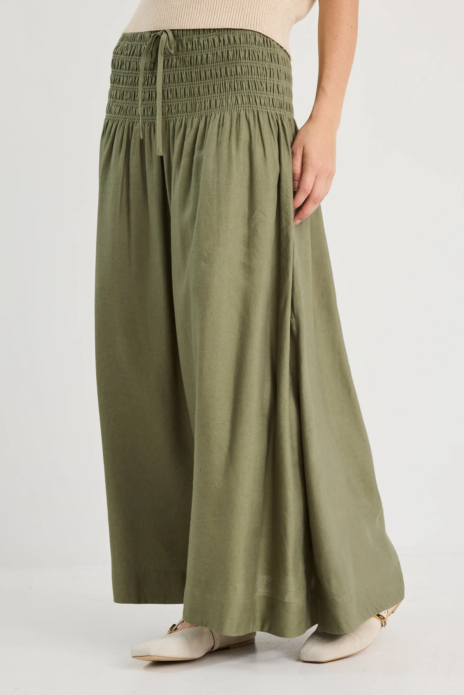 Byron Olive Linen Shirred Waist Maxi Skirt - Image 3