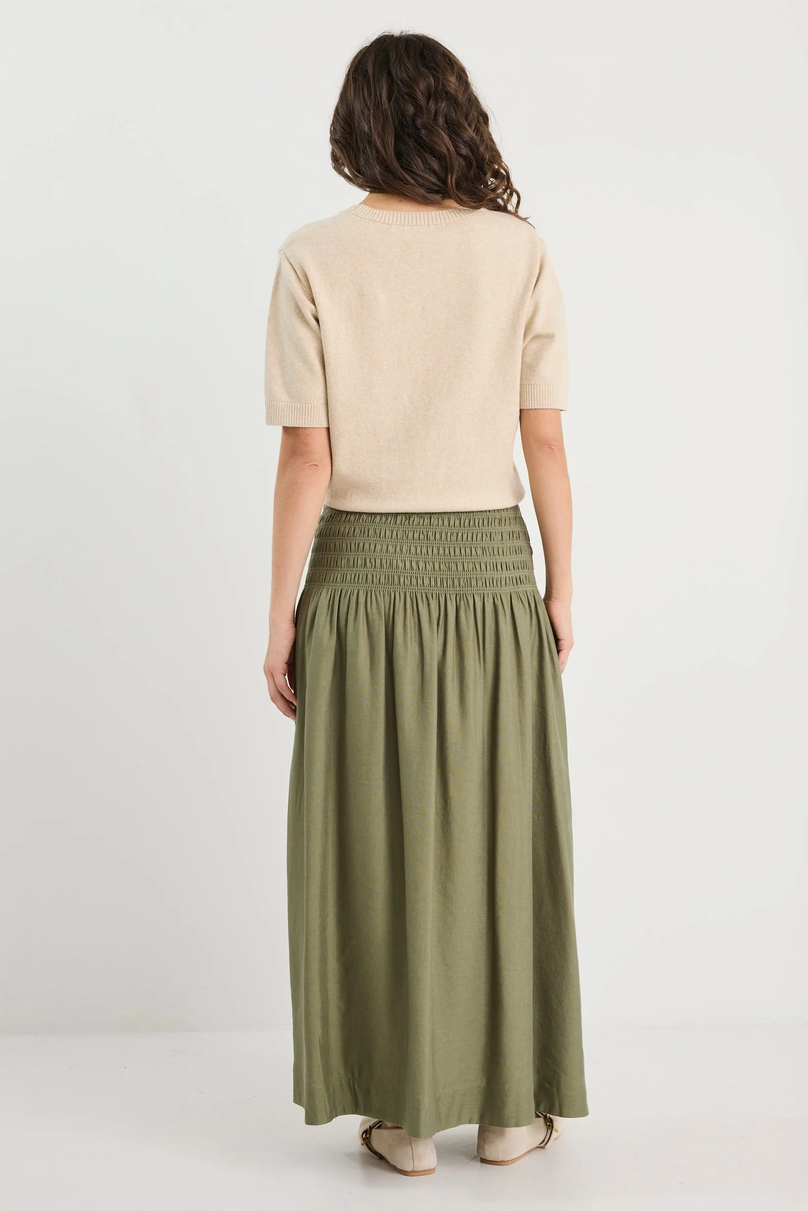 Byron Olive Linen Shirred Waist Maxi Skirt - Image 4
