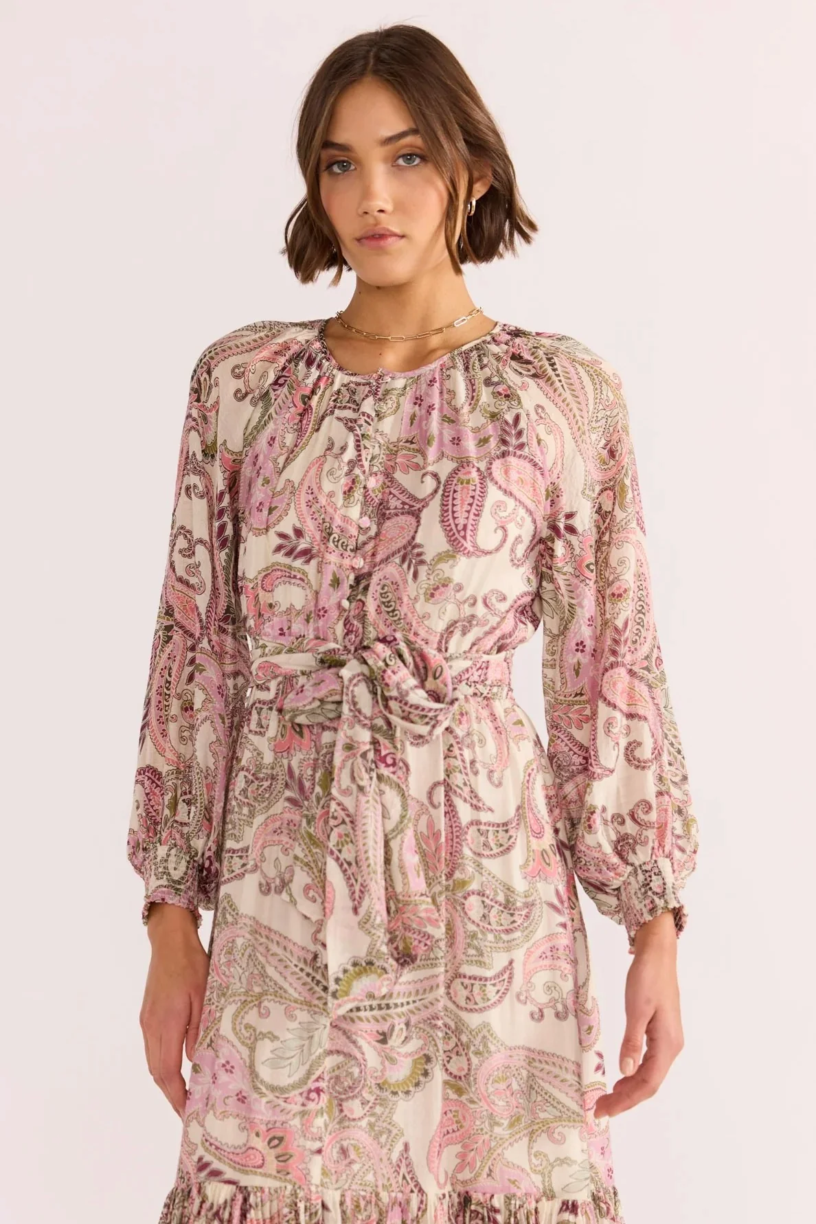 Cadence Pink Paisley Blouson LS Midi Dress - Image 3