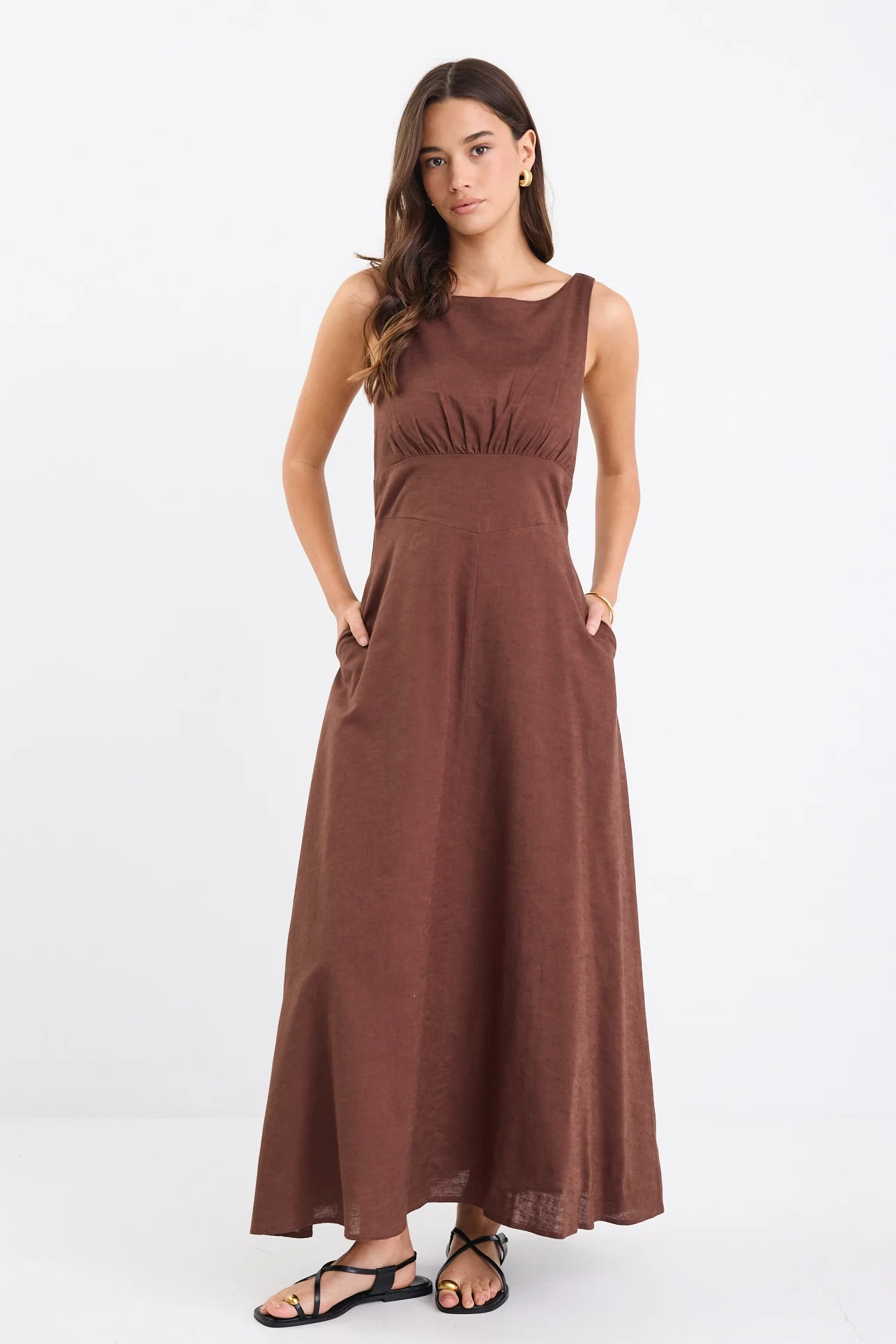Cairo Chocolate Cotton Linen Sleeveless Midi Dress - Image 3