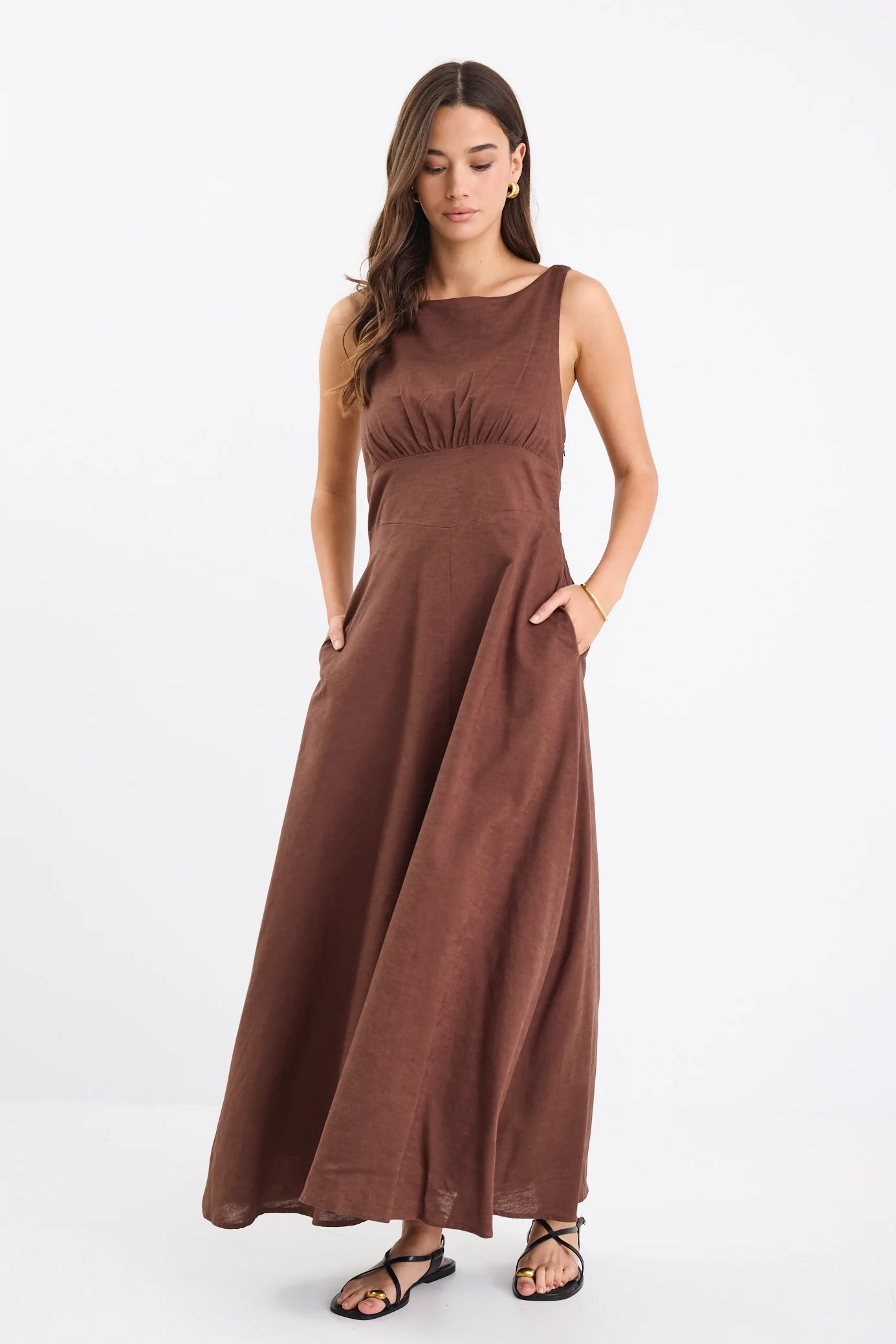 Cairo Chocolate Cotton Linen Sleeveless Midi Dress - Image 4