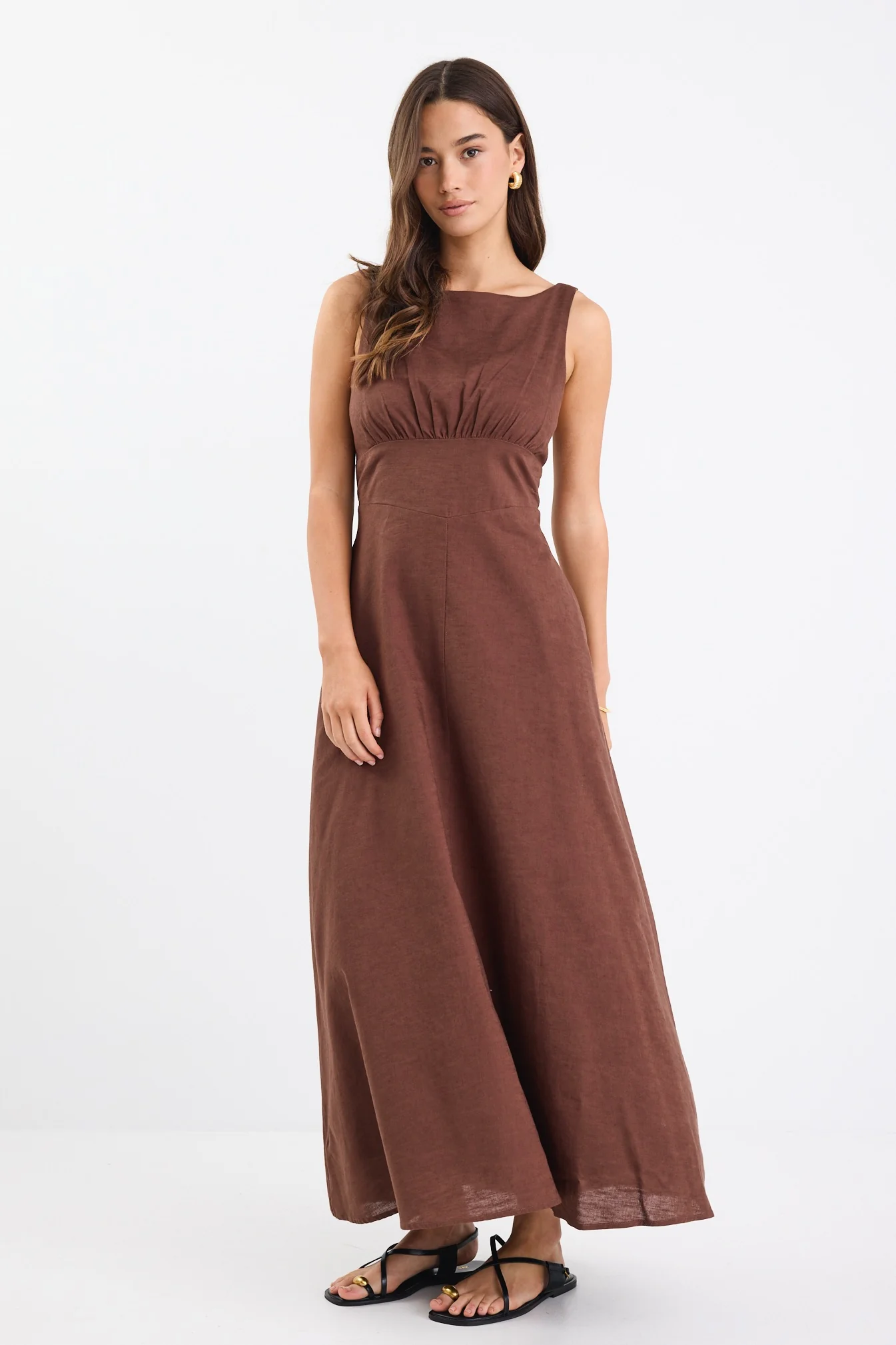 Cairo Chocolate Cotton Linen Sleeveless Midi Dress - Image 5