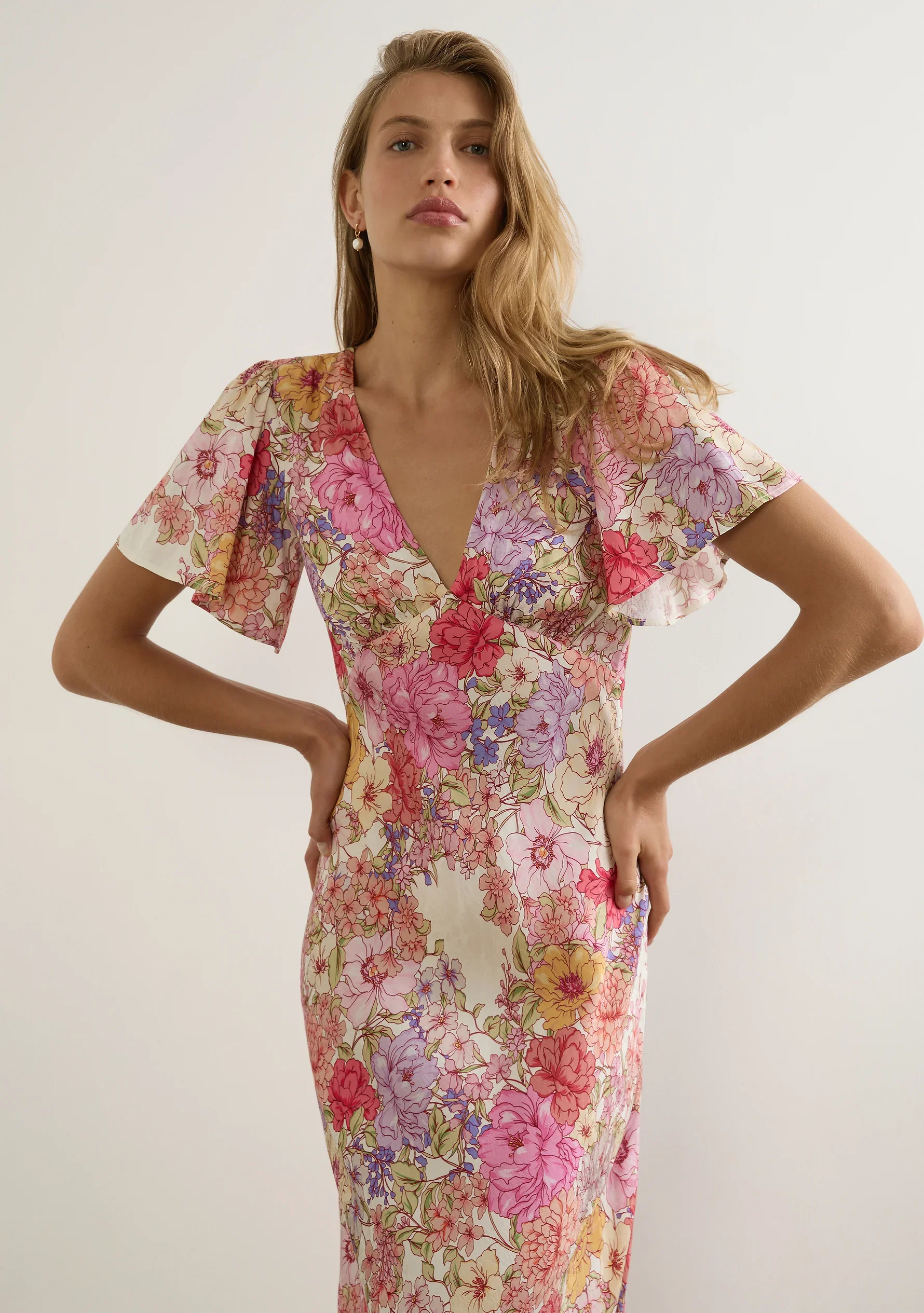 Calais Pink Floral V Neck Flutter Sleeve Midi Dress