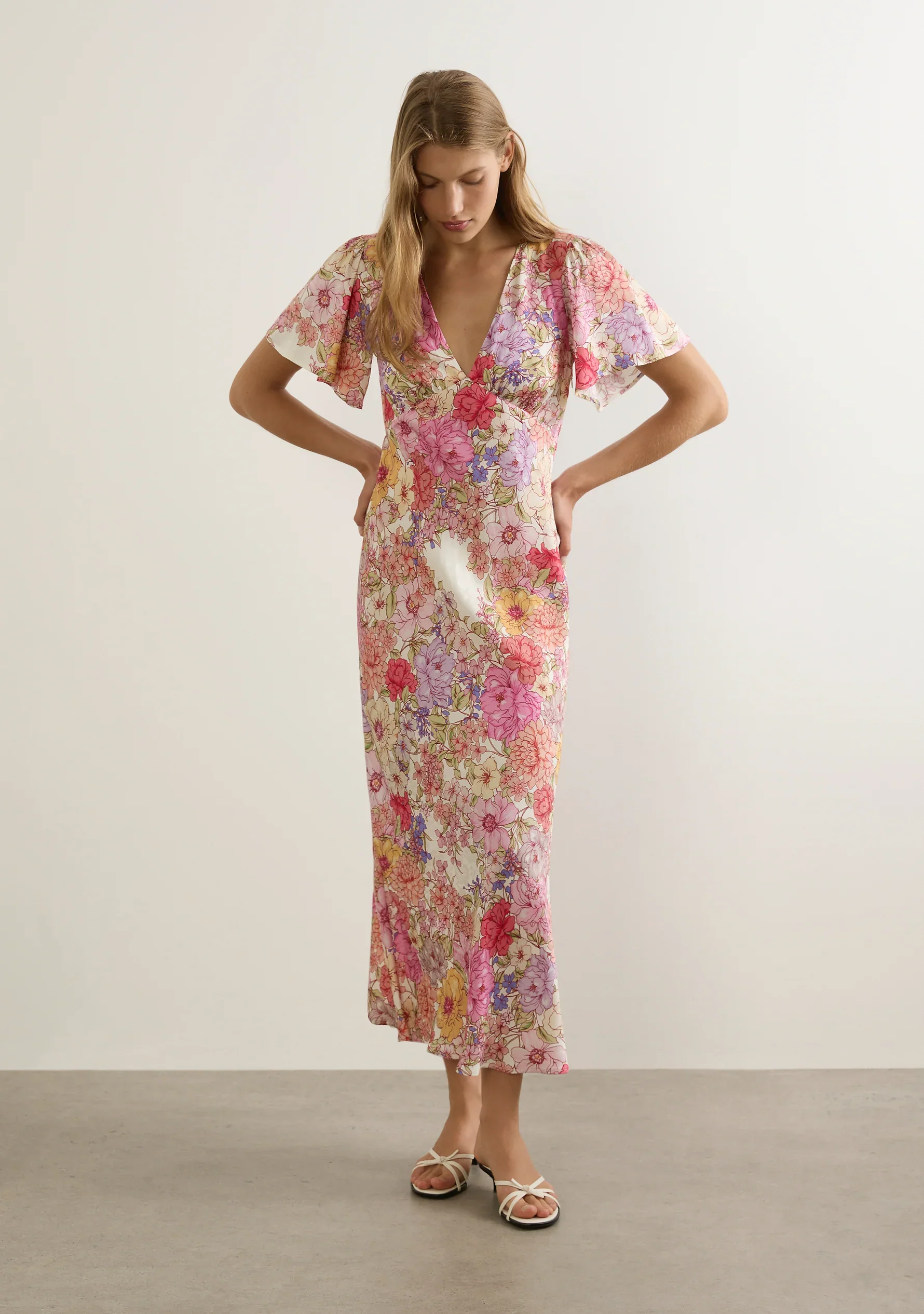 Calais Pink Floral V Neck Flutter Sleeve Midi Dress - Image 2