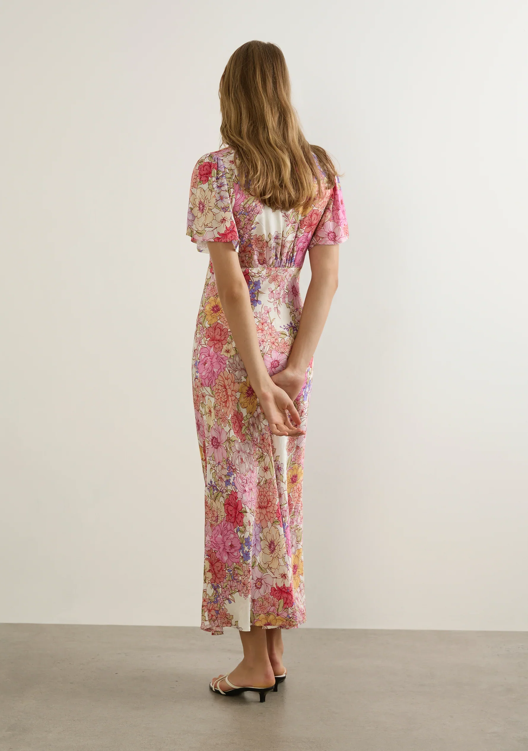 Calais Pink Floral V Neck Flutter Sleeve Midi Dress - Image 3