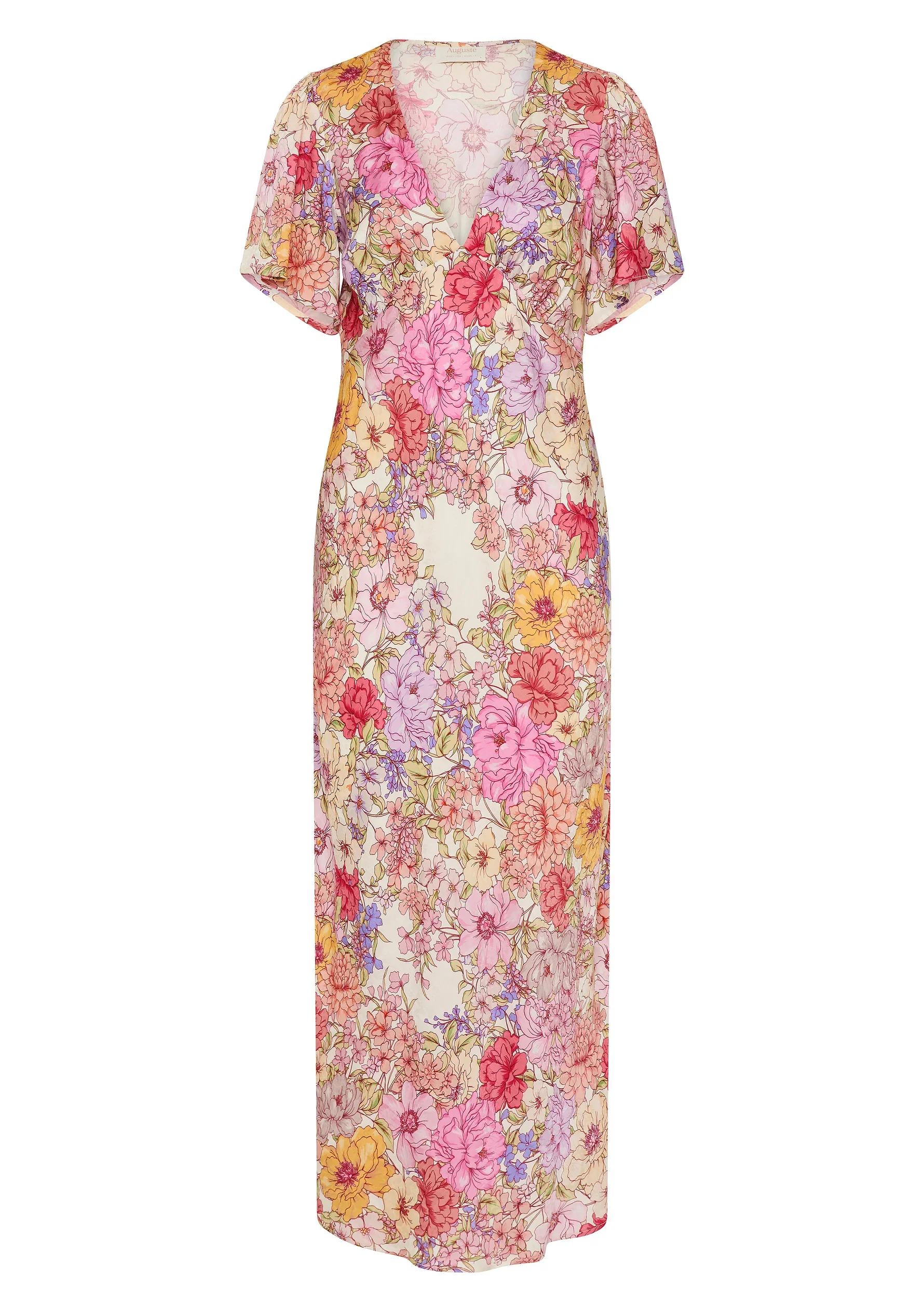Calais Pink Floral V Neck Flutter Sleeve Midi Dress - Image 4