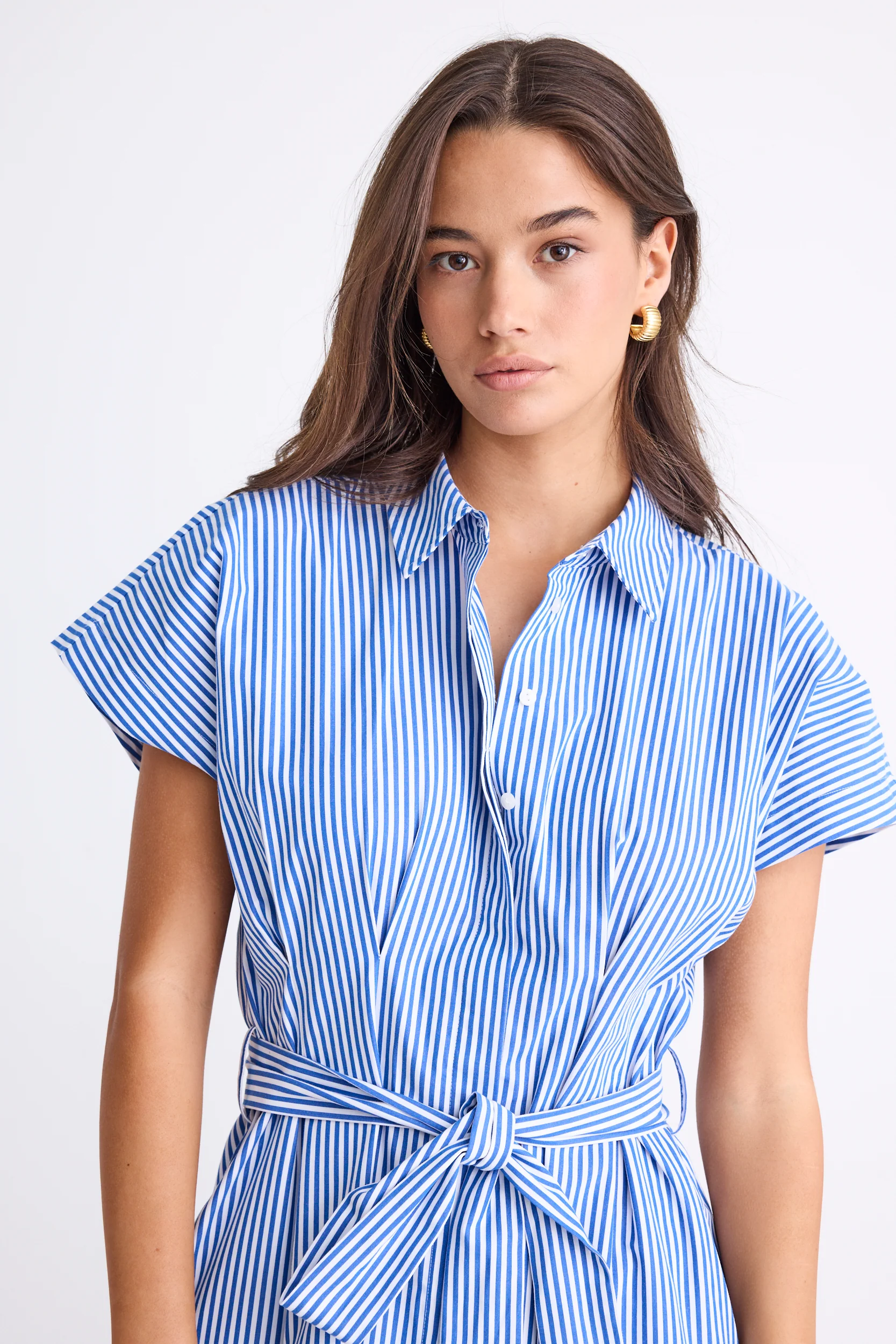 Camden Bright Blue Stripe Short Sleeve Pleated Midi Shirt Dress - Image 2