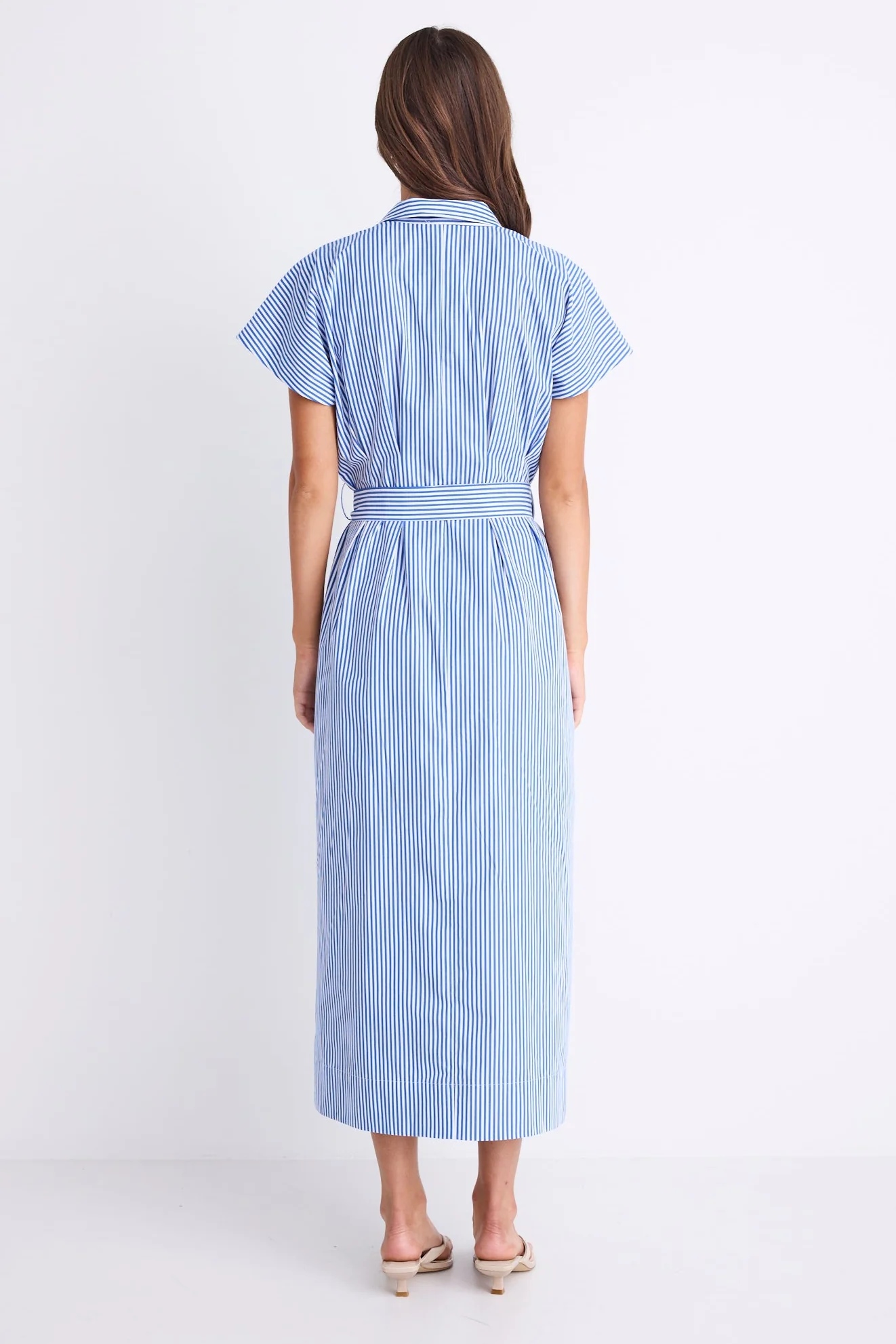 Camden Bright Blue Stripe Short Sleeve Pleated Midi Shirt Dress - Image 3