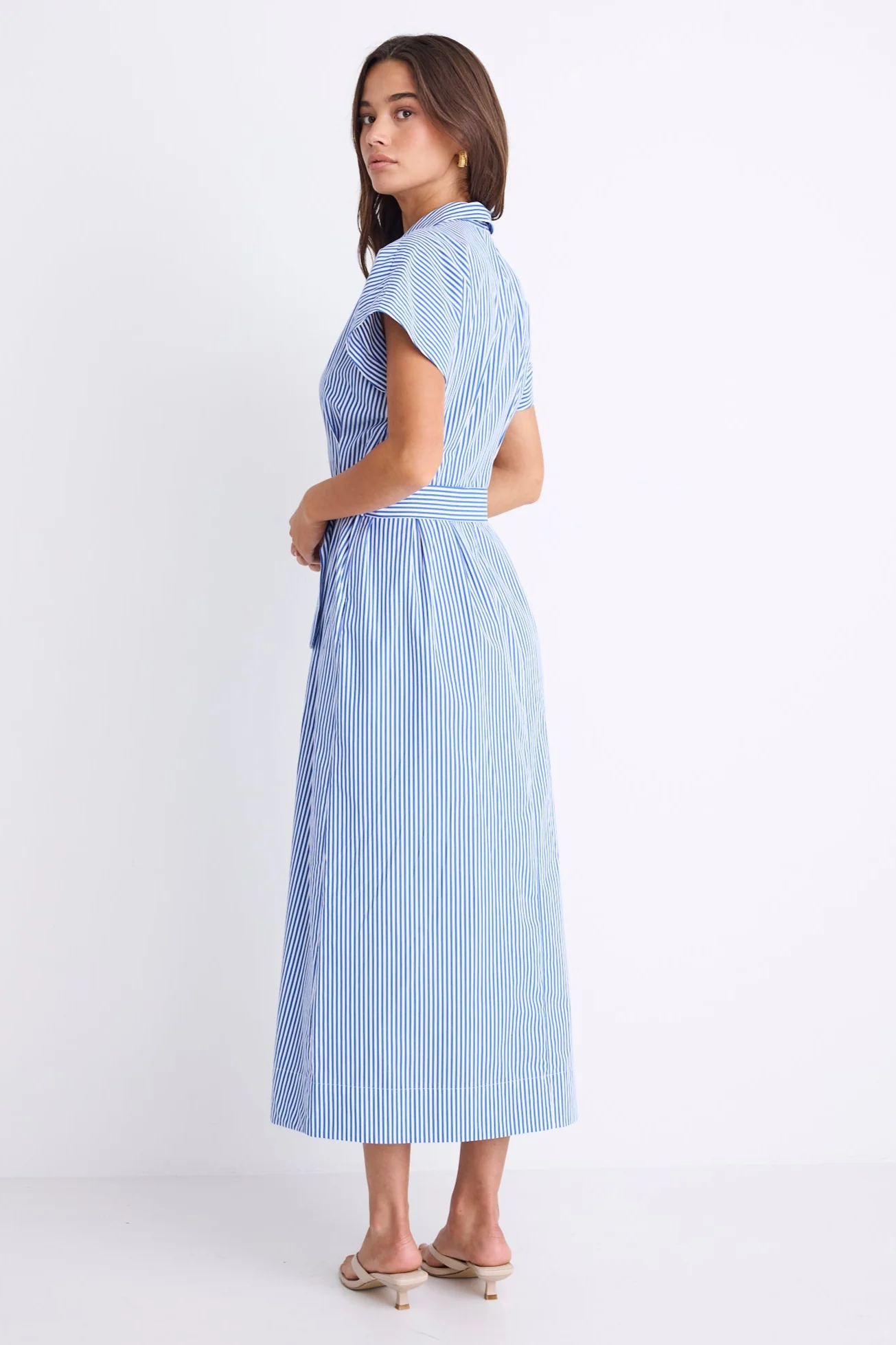 Camden Bright Blue Stripe Short Sleeve Pleated Midi Shirt Dress - Image 4