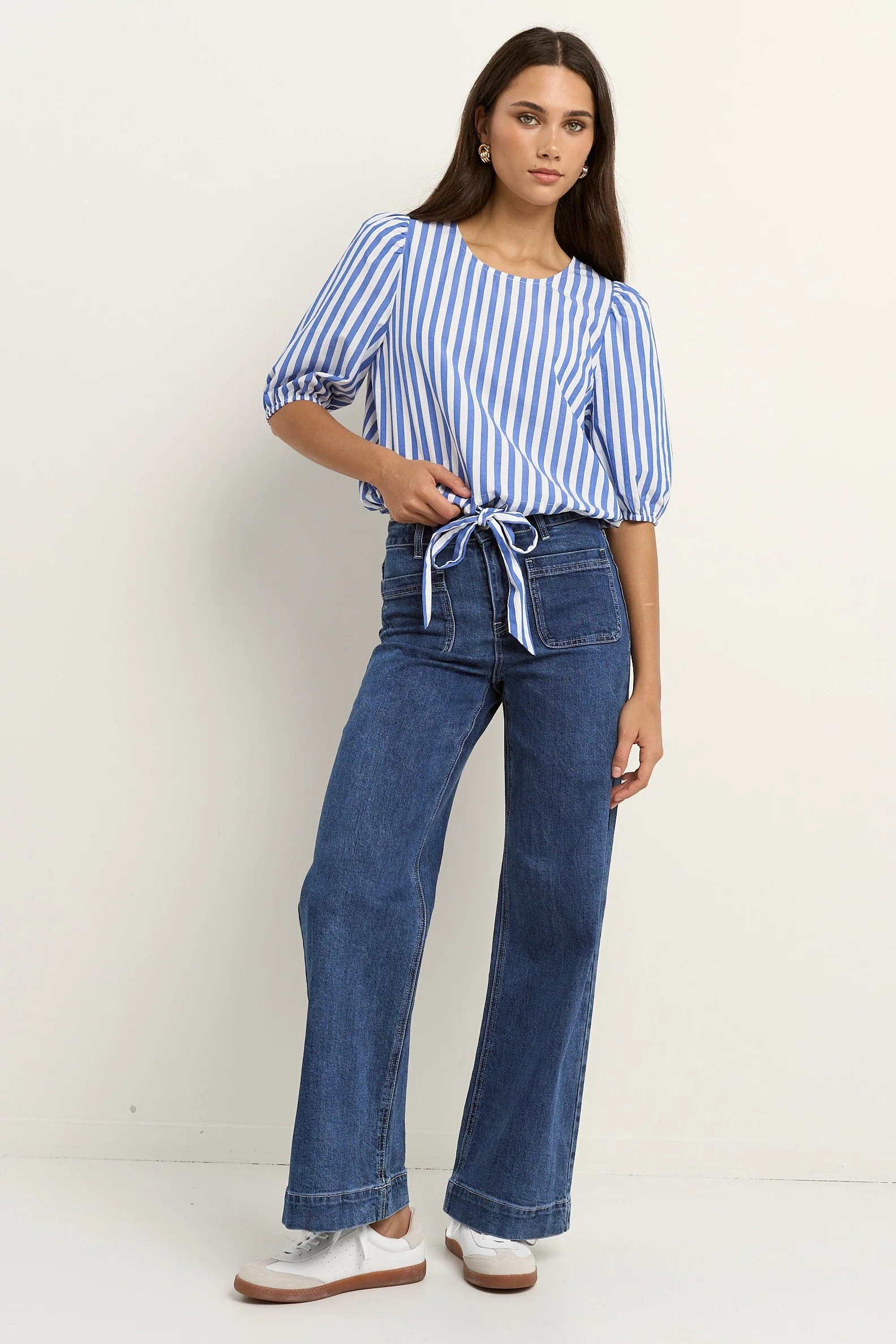 Cameron Bright Blue Stripe Tie Front SS Top - Image 2