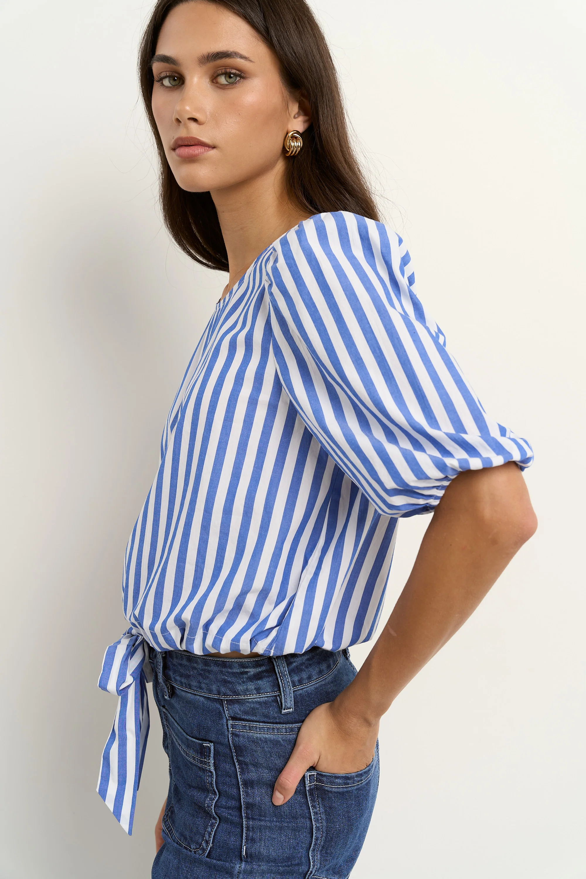 Cameron Bright Blue Stripe Tie Front SS Top - Image 3