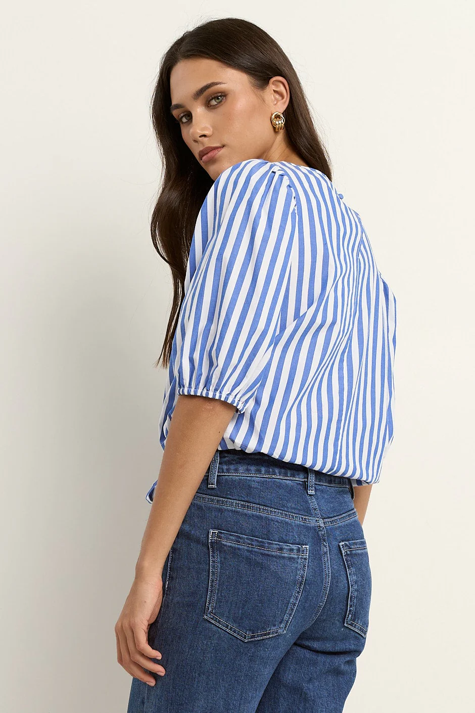 Cameron Bright Blue Stripe Tie Front SS Top - Image 4